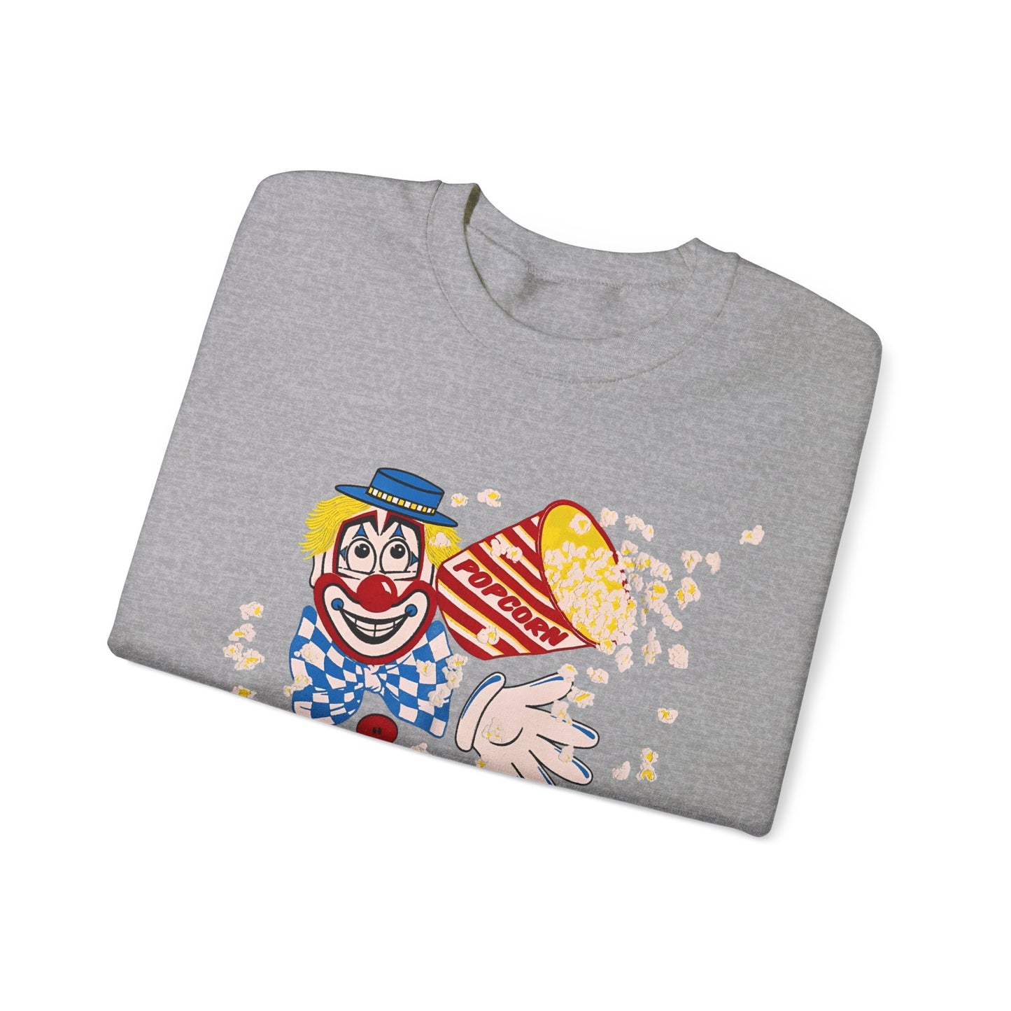 vintage 1980s popcorn clown graphic on a unisex heavy blend crewneck sweatshirt