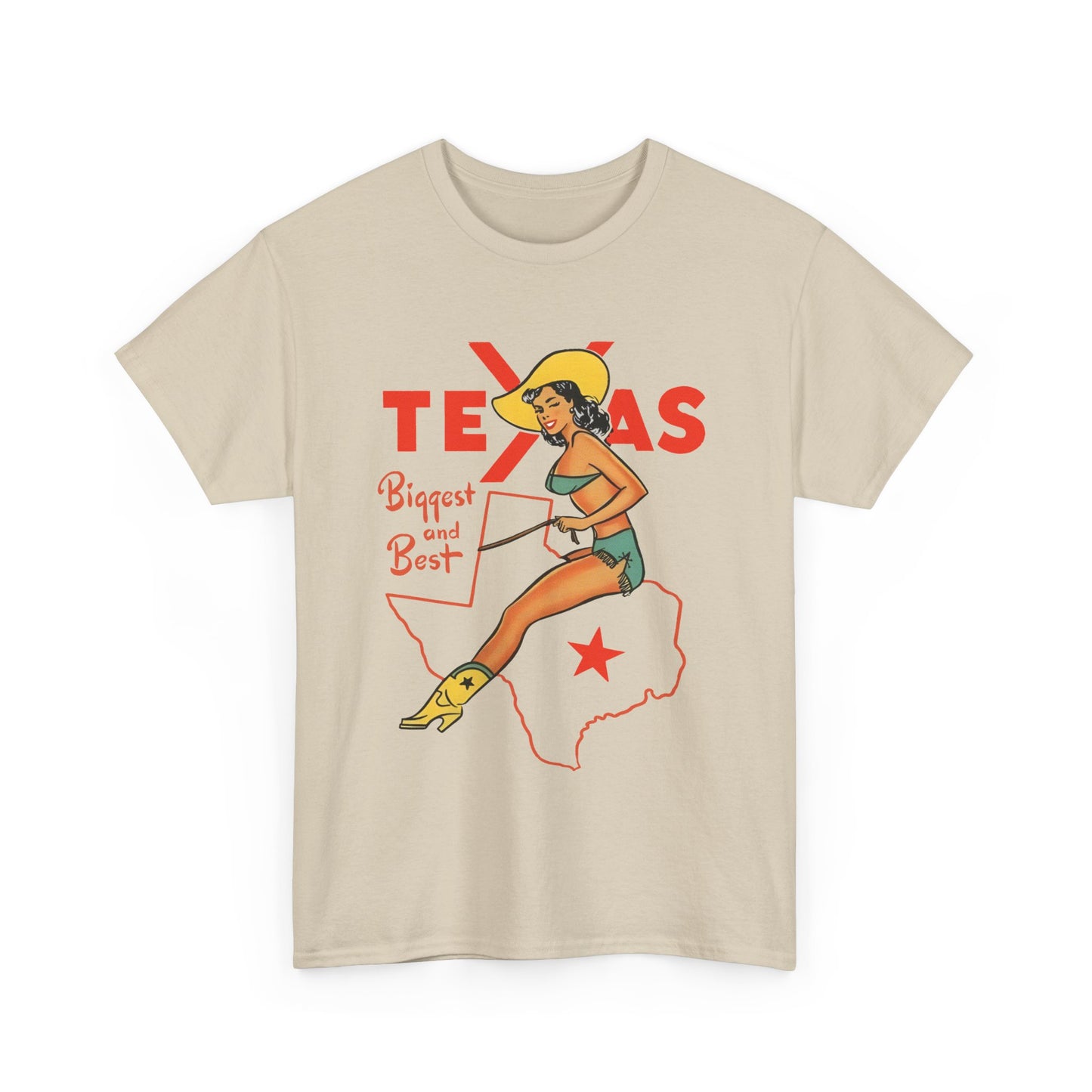 mid twentieth century texas biggest and best cowgirl pin up art reproduction tshirt