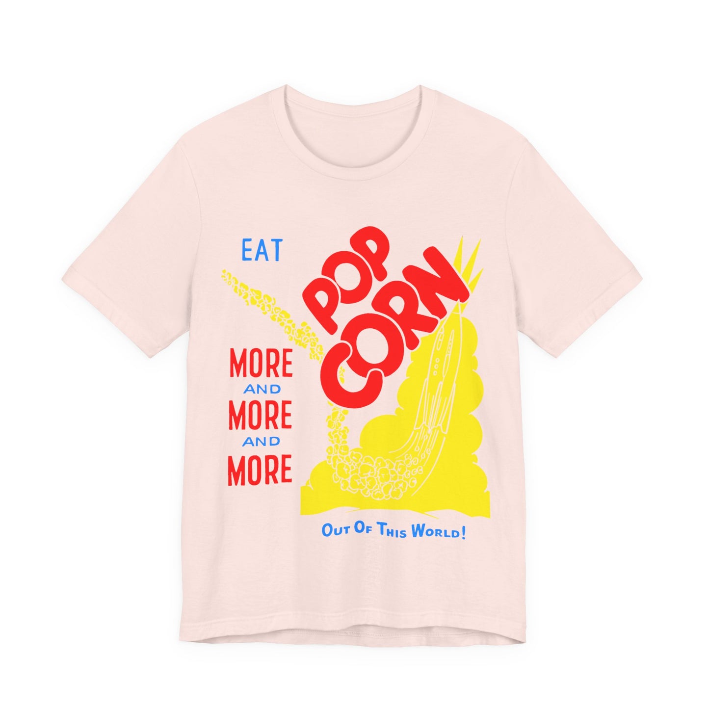 1950s coloured popcorn box logo "eat popcorn more and more and more out of this world!" on a new unisex softstyle tshirt