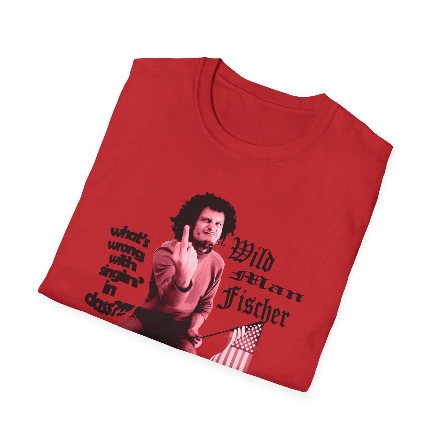 wild man fischer middle finger in red tshirt