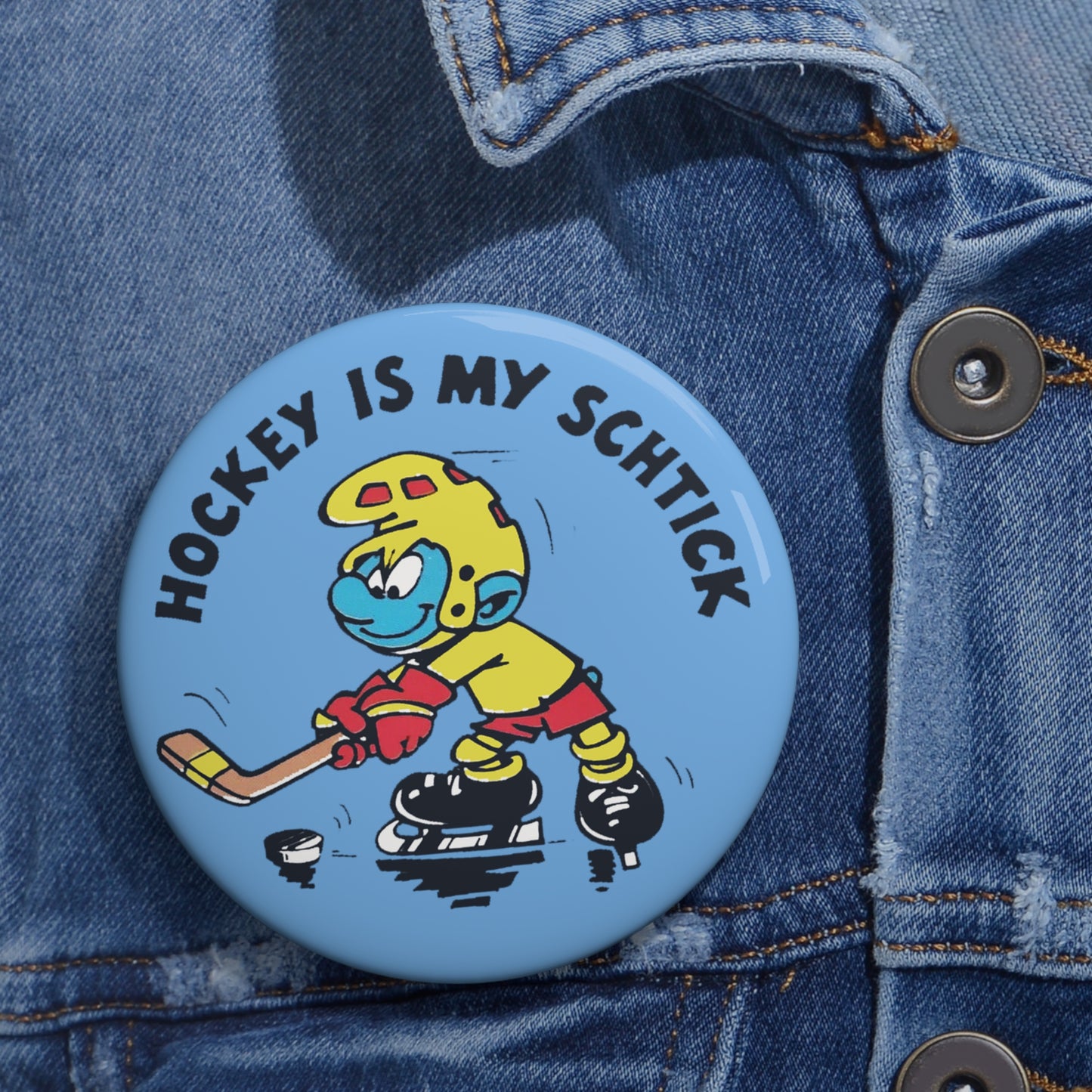 hockey is my schtick vintage smurf reproduction pin button