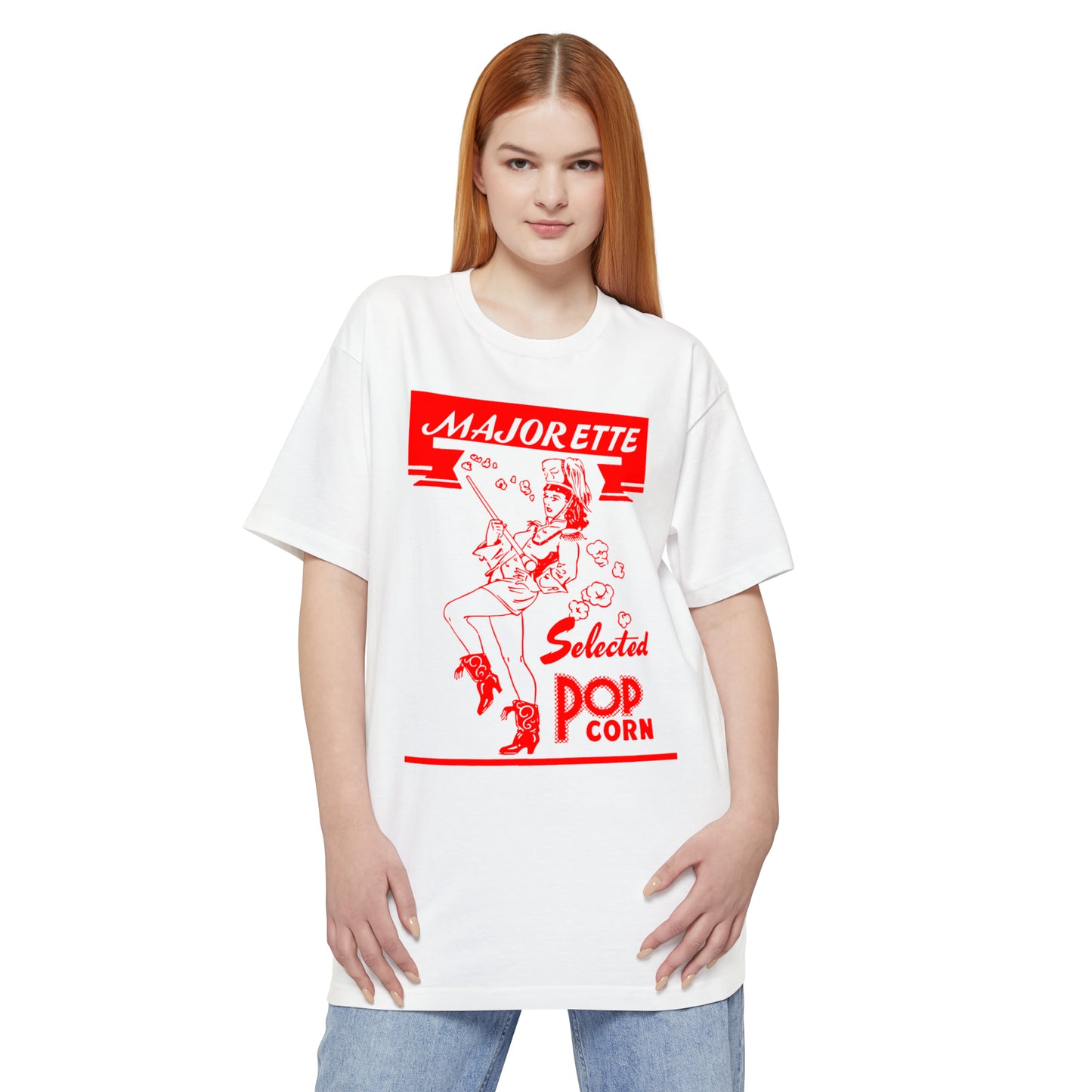 oversized majorette vintage popcorn bag logo in red unisex tall beefy tshirt