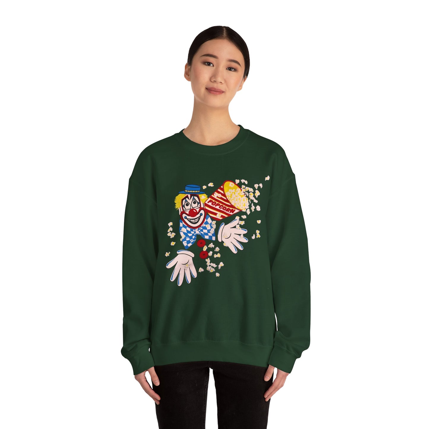 vintage 1980s popcorn clown graphic on a unisex heavy blend crewneck sweatshirt