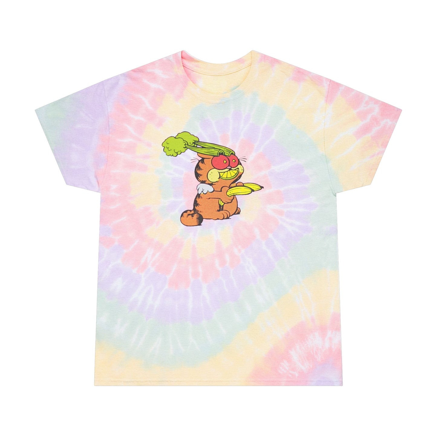 garf 'n' fruit on a tie dye spiral tshirt
