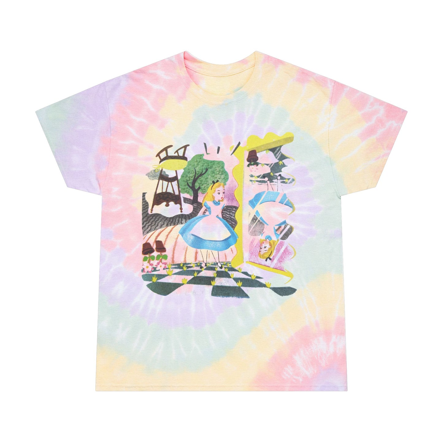 alice in wonderland alice through the looking glass upsidedown illustration tie-dye tshirt
