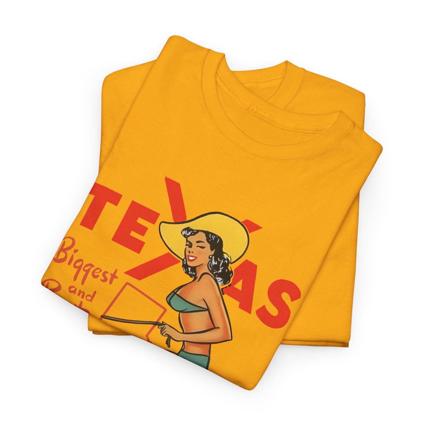 mid twentieth century texas biggest and best cowgirl pin up art reproduction tshirt