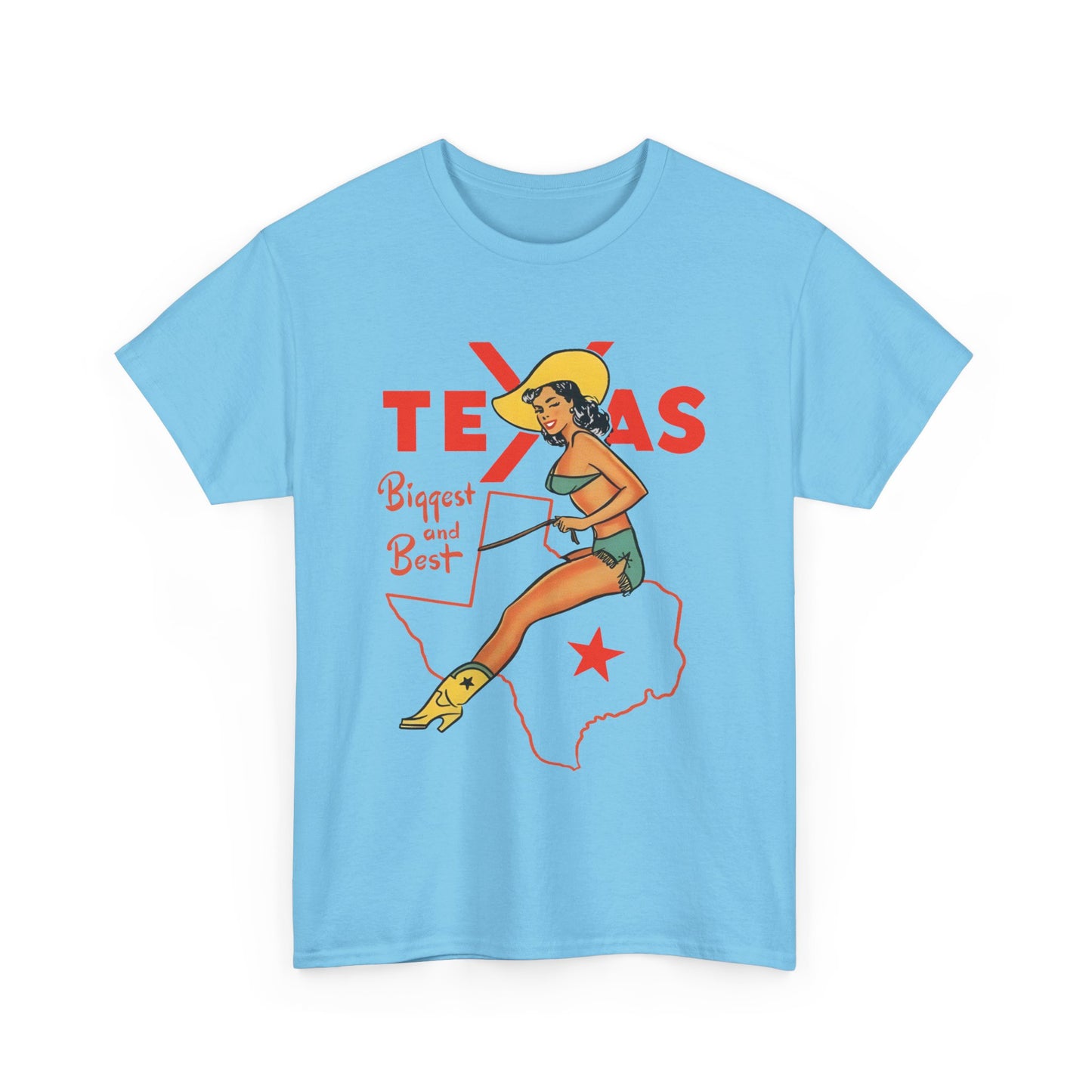 mid twentieth century texas biggest and best cowgirl pin up art reproduction tshirt
