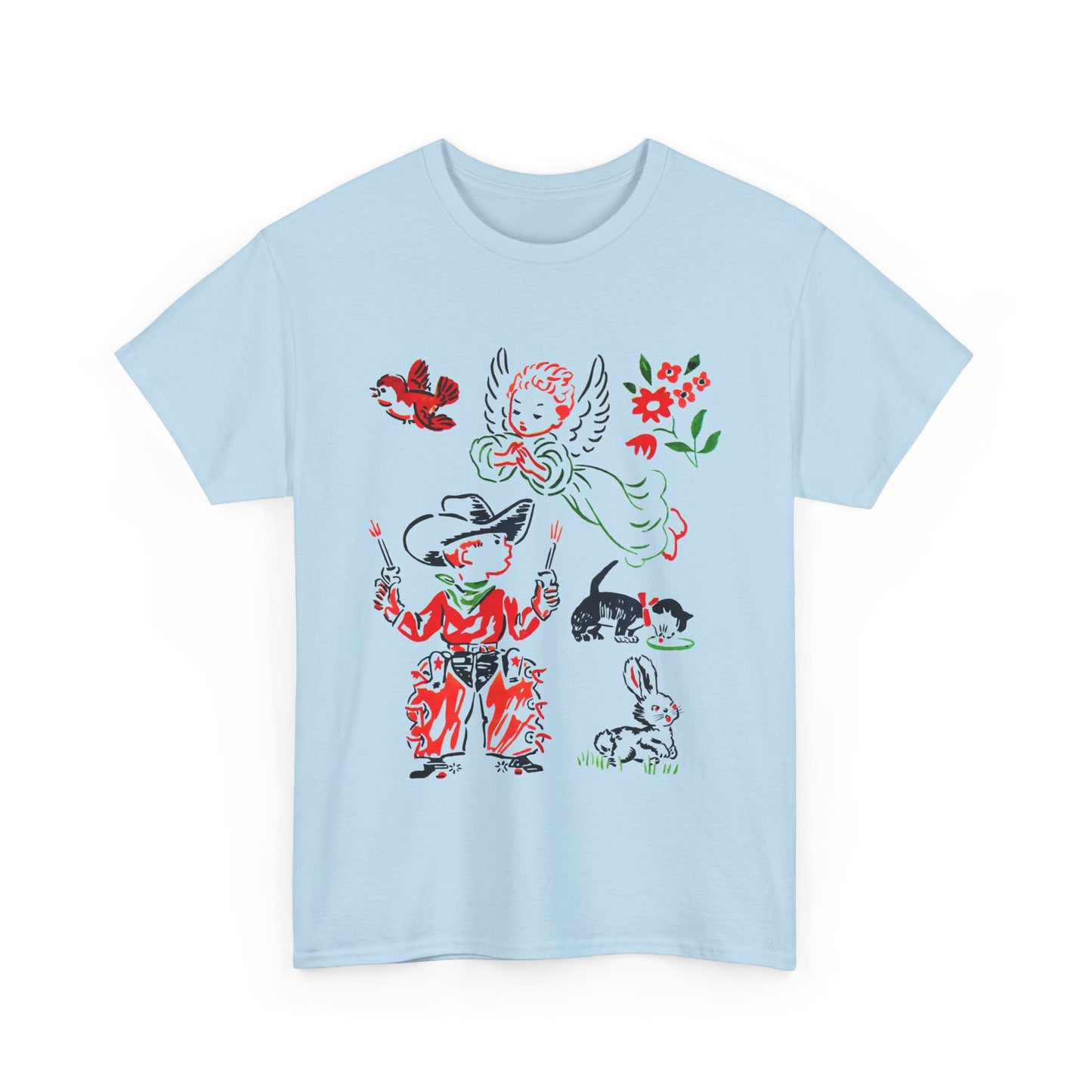 mid twentieth century vintage cowboy and angel rare graphic reproduction tshirt
