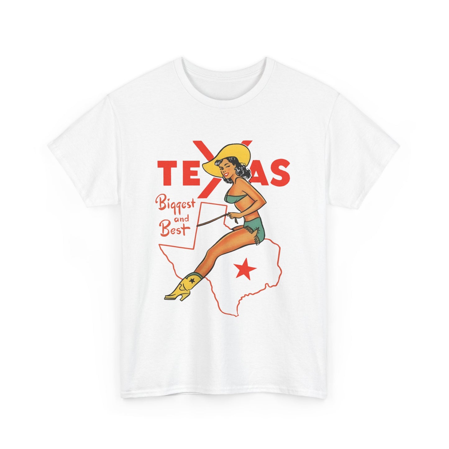 mid twentieth century texas biggest and best cowgirl pin up art reproduction tshirt