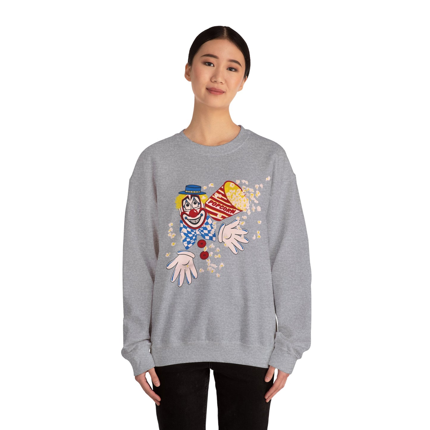 vintage 1980s popcorn clown graphic on a unisex heavy blend crewneck sweatshirt