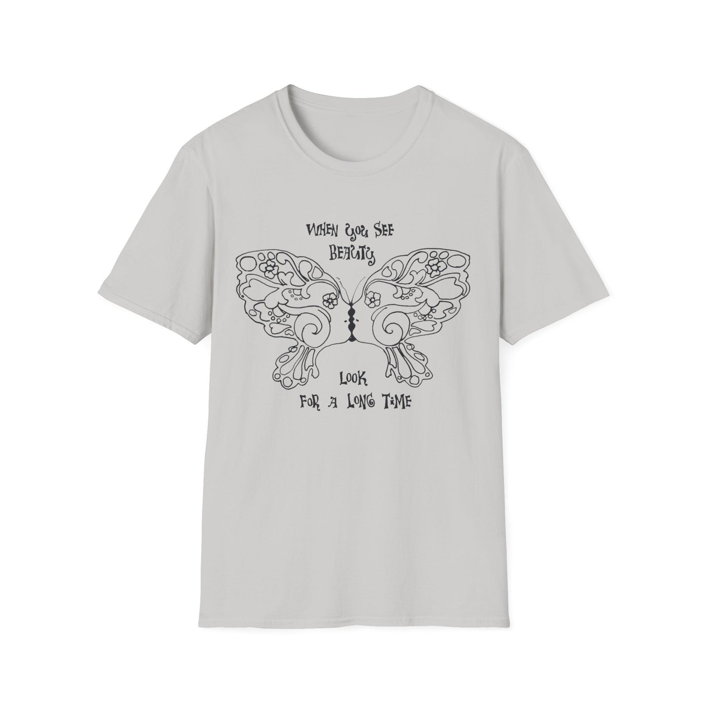 1971 illustration for the LA free press reproduction tshirt "when you see beauty look for a long time"