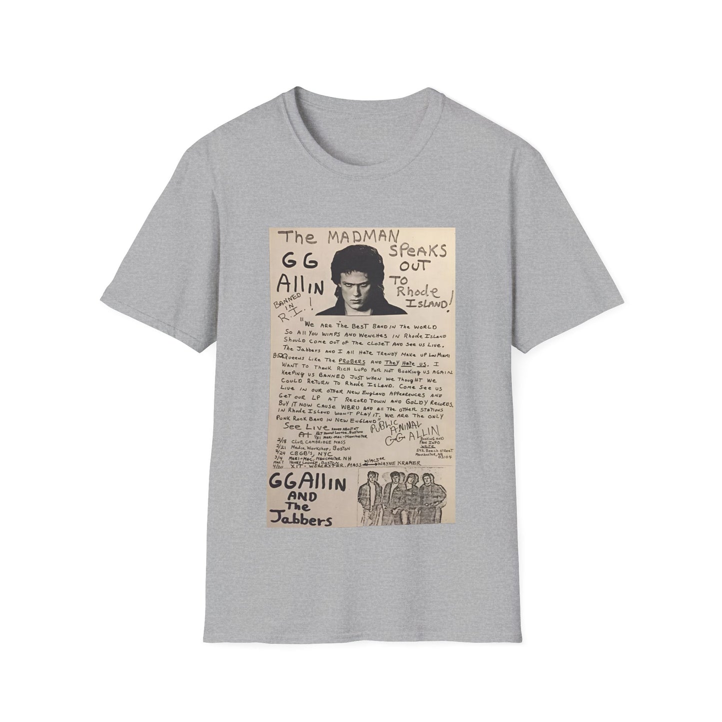 1982 show poster tshirt gg allin and the jabbers