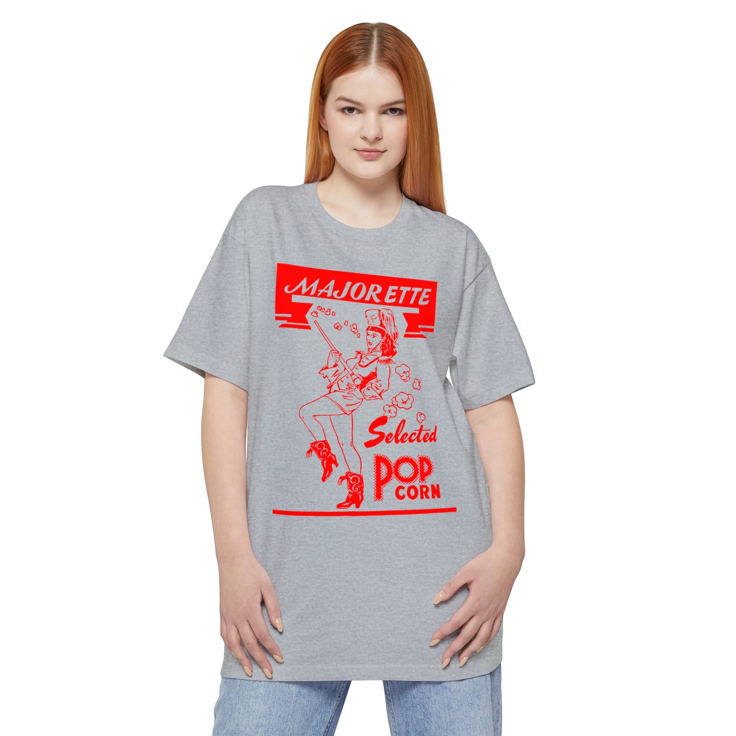oversized majorette vintage popcorn bag logo in red unisex tall beefy tshirt