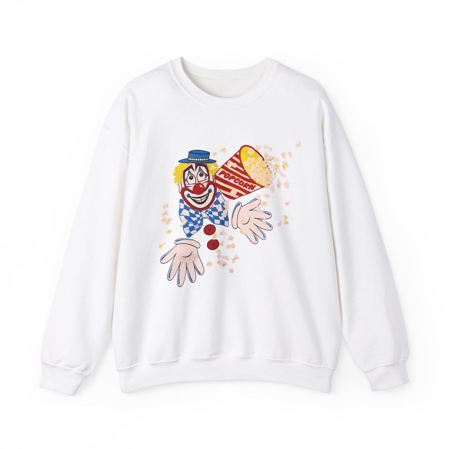 vintage 1980s popcorn clown graphic on a unisex heavy blend crewneck sweatshirt
