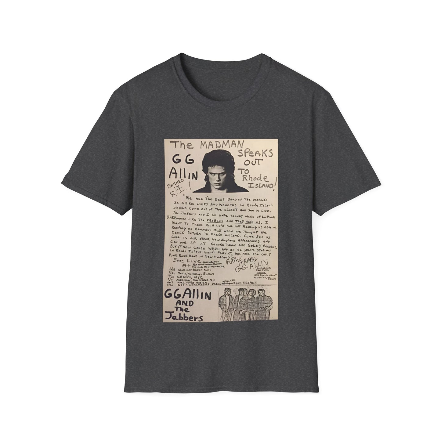 1982 show poster tshirt gg allin and the jabbers