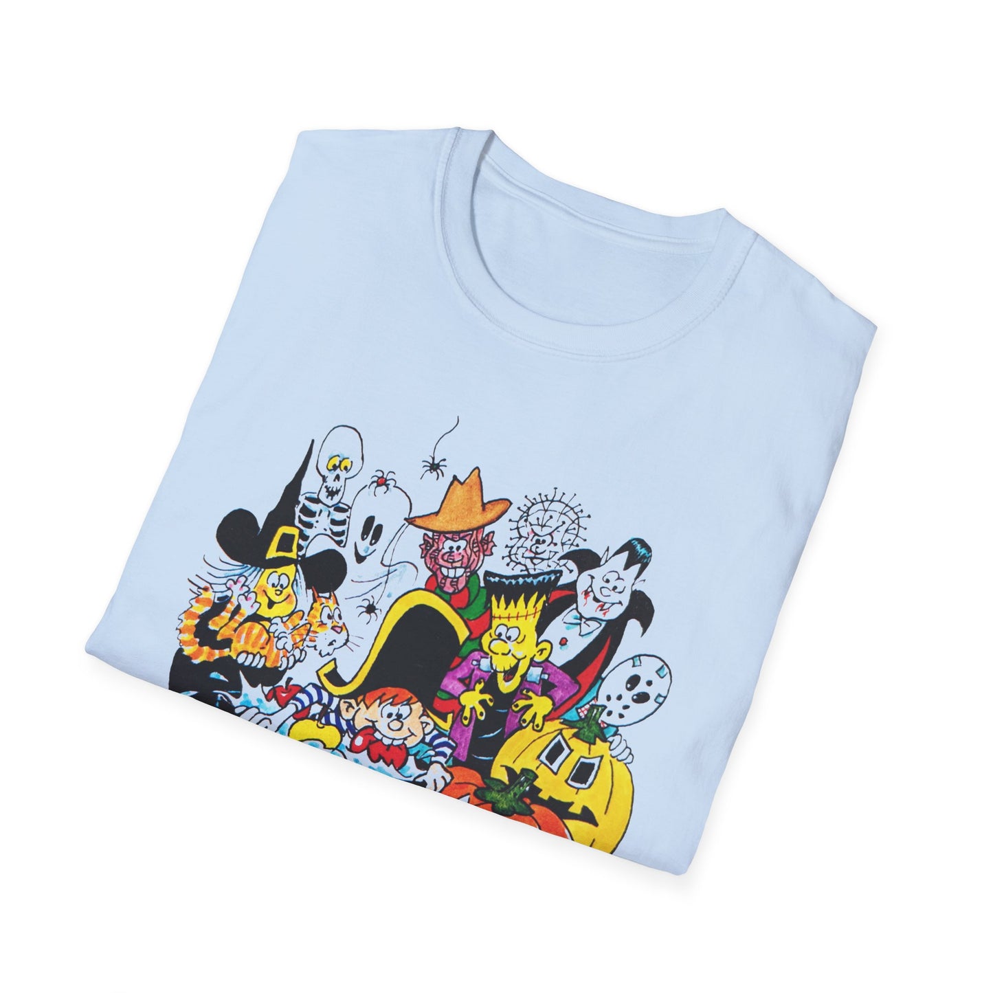 adorable cartoon witches, skeletons, jasons, freddys, and pumpkins halloween tshirt