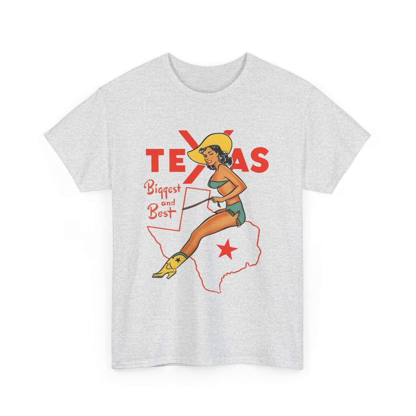 mid twentieth century texas biggest and best cowgirl pin up art reproduction tshirt
