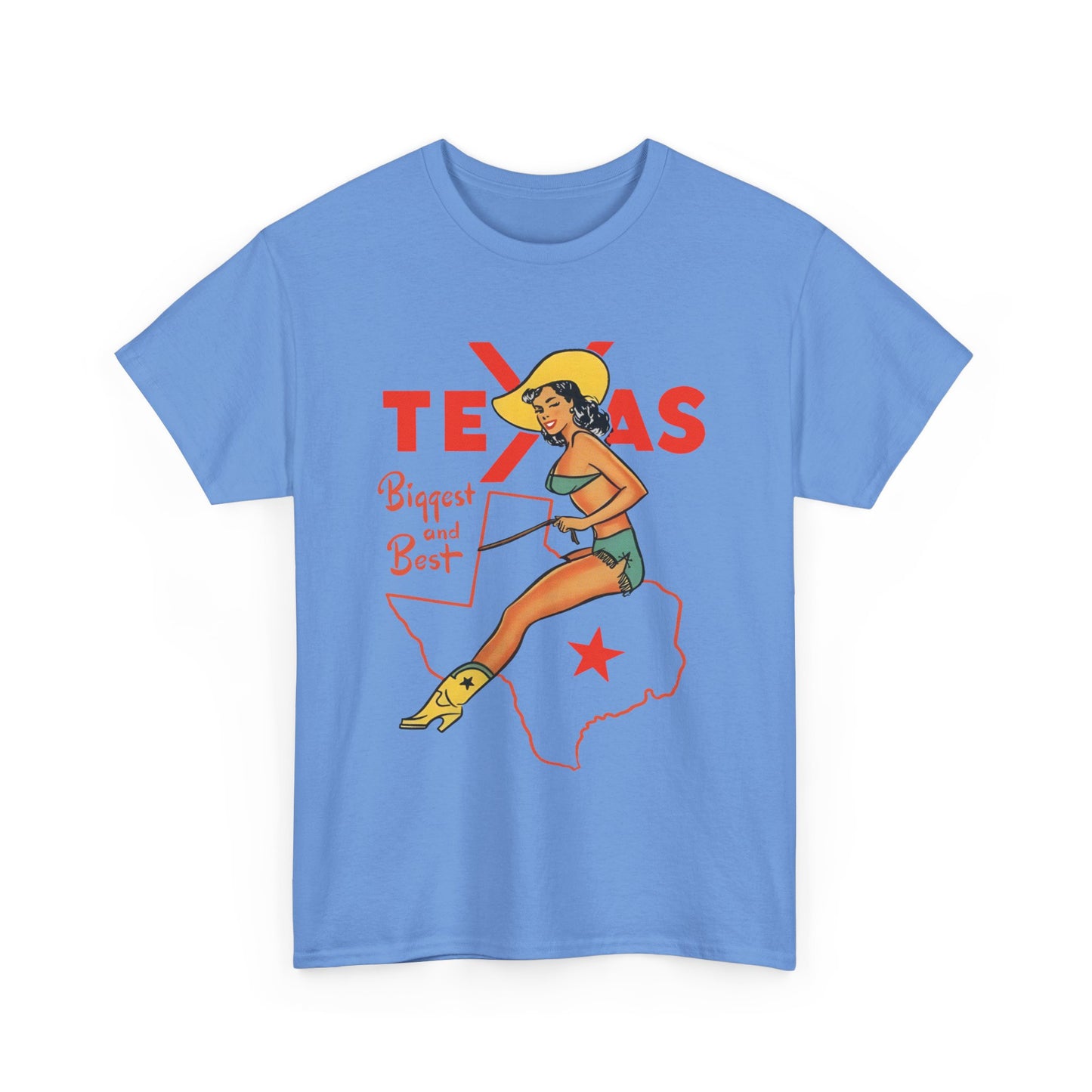 mid twentieth century texas biggest and best cowgirl pin up art reproduction tshirt