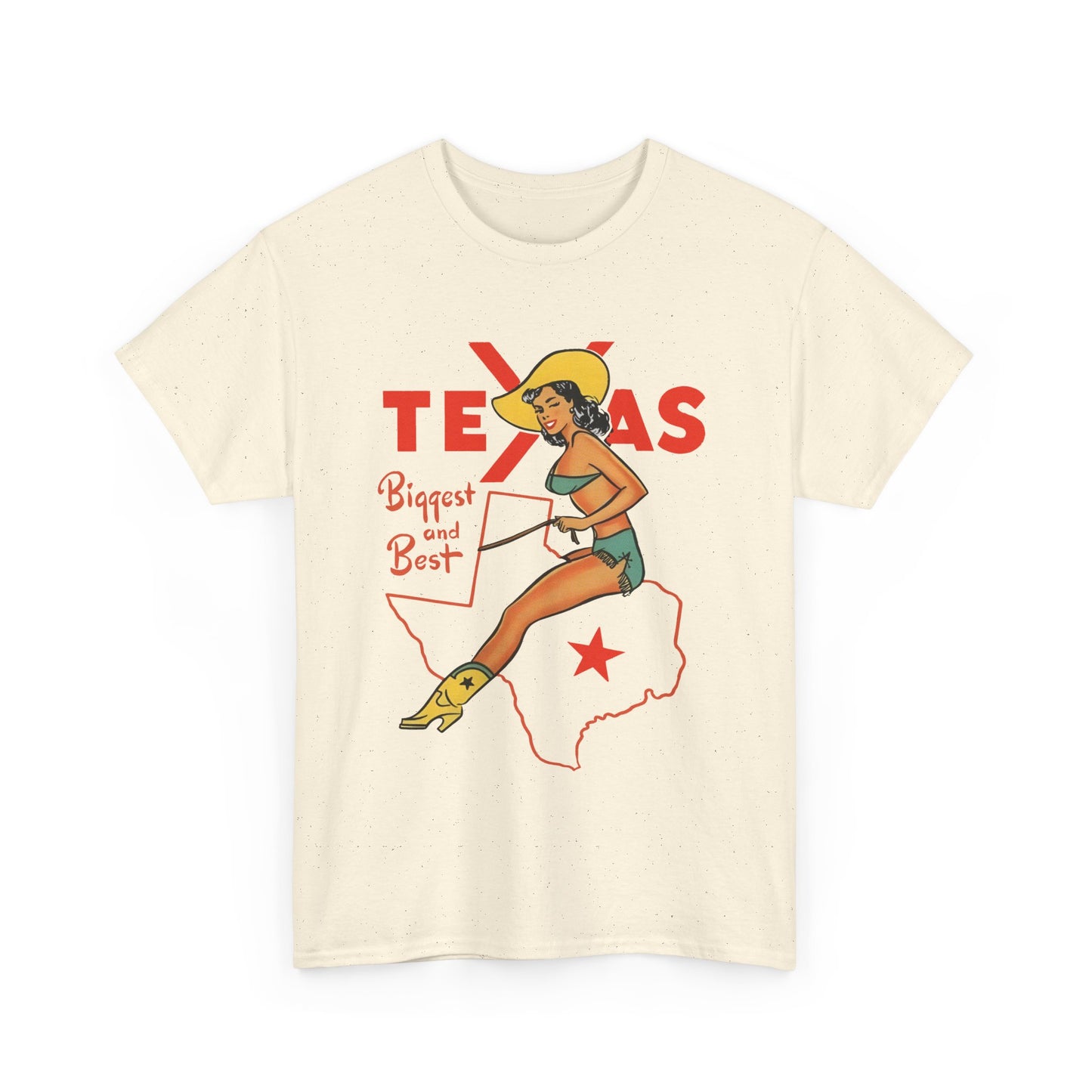 mid twentieth century texas biggest and best cowgirl pin up art reproduction tshirt