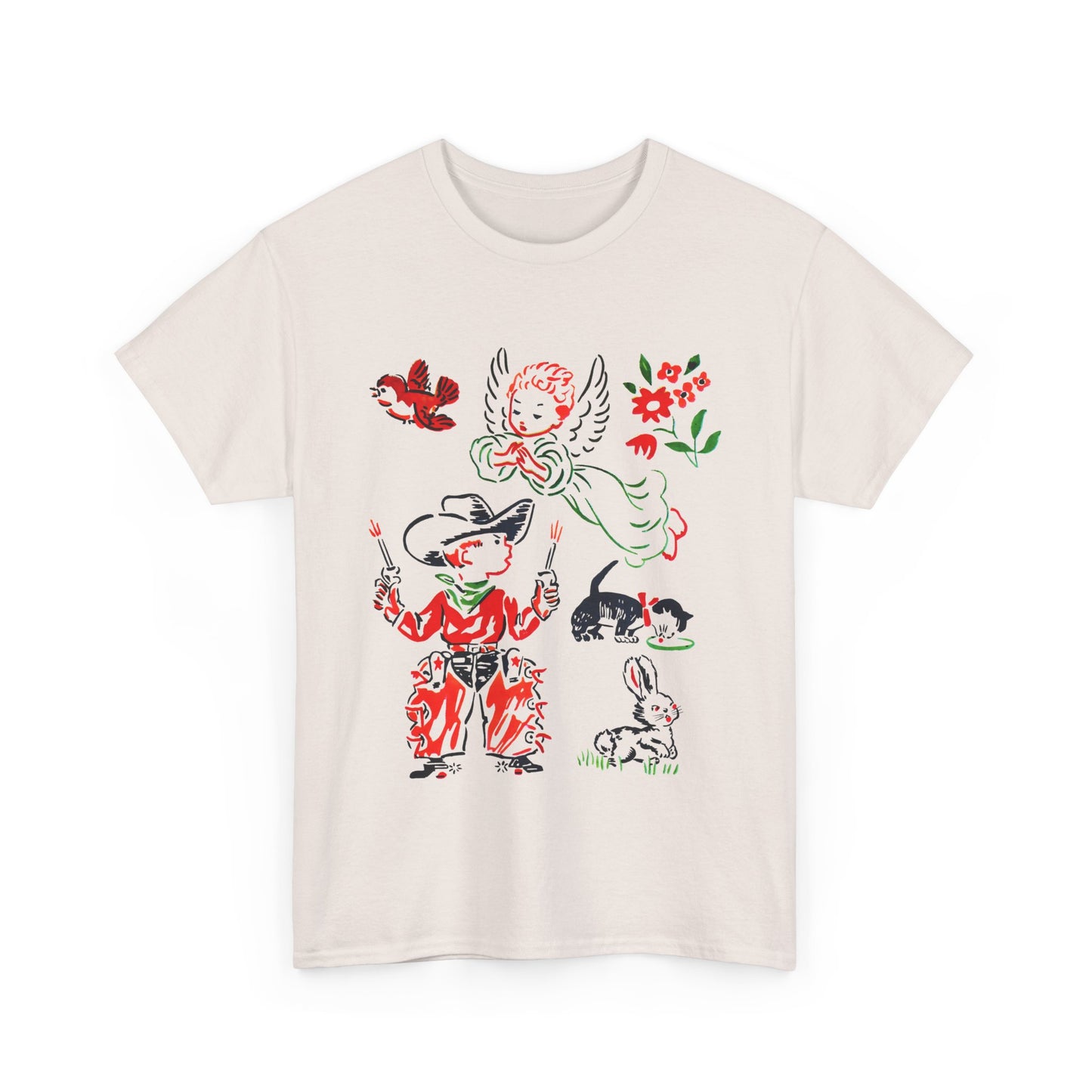 mid twentieth century vintage cowboy and angel rare graphic reproduction tshirt