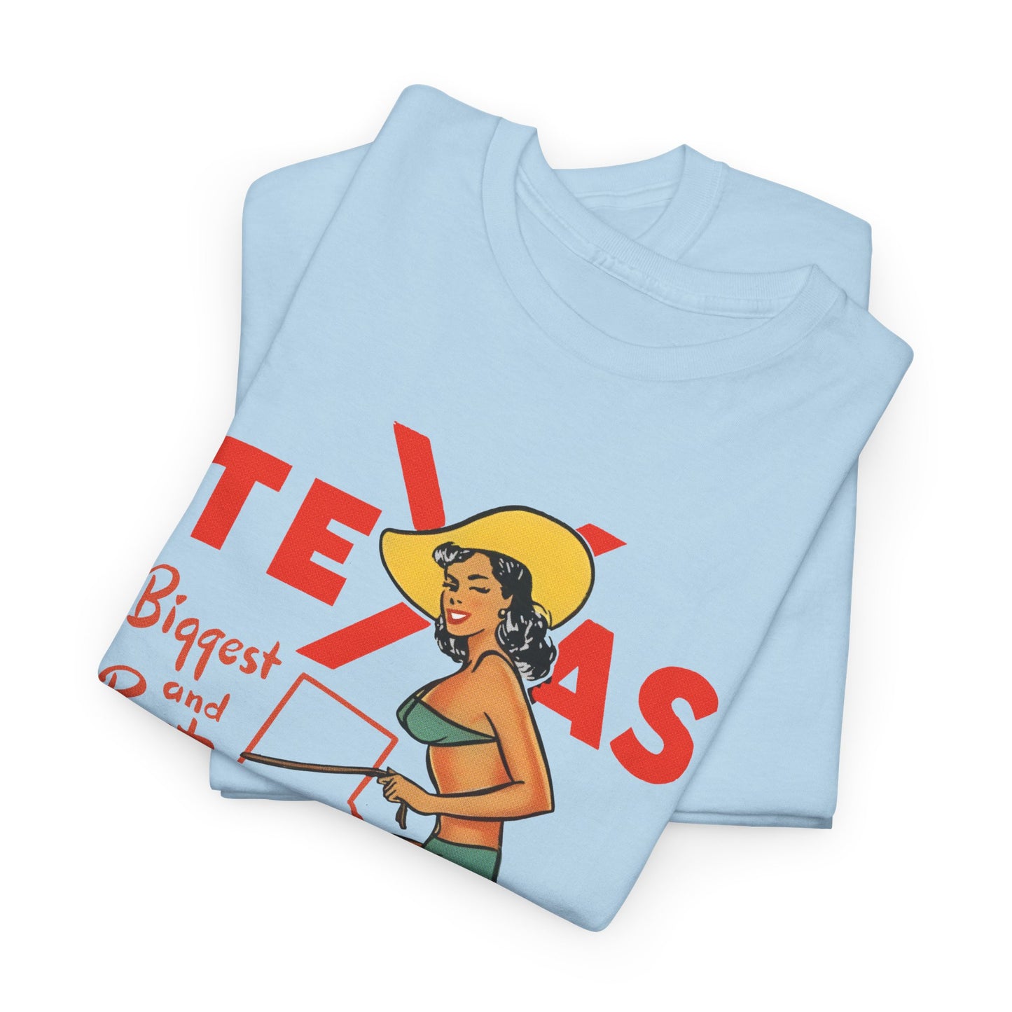 mid twentieth century texas biggest and best cowgirl pin up art reproduction tshirt