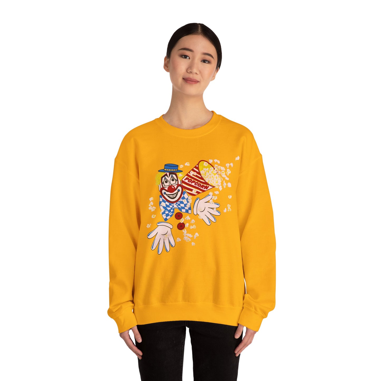 vintage 1980s popcorn clown graphic on a unisex heavy blend crewneck sweatshirt
