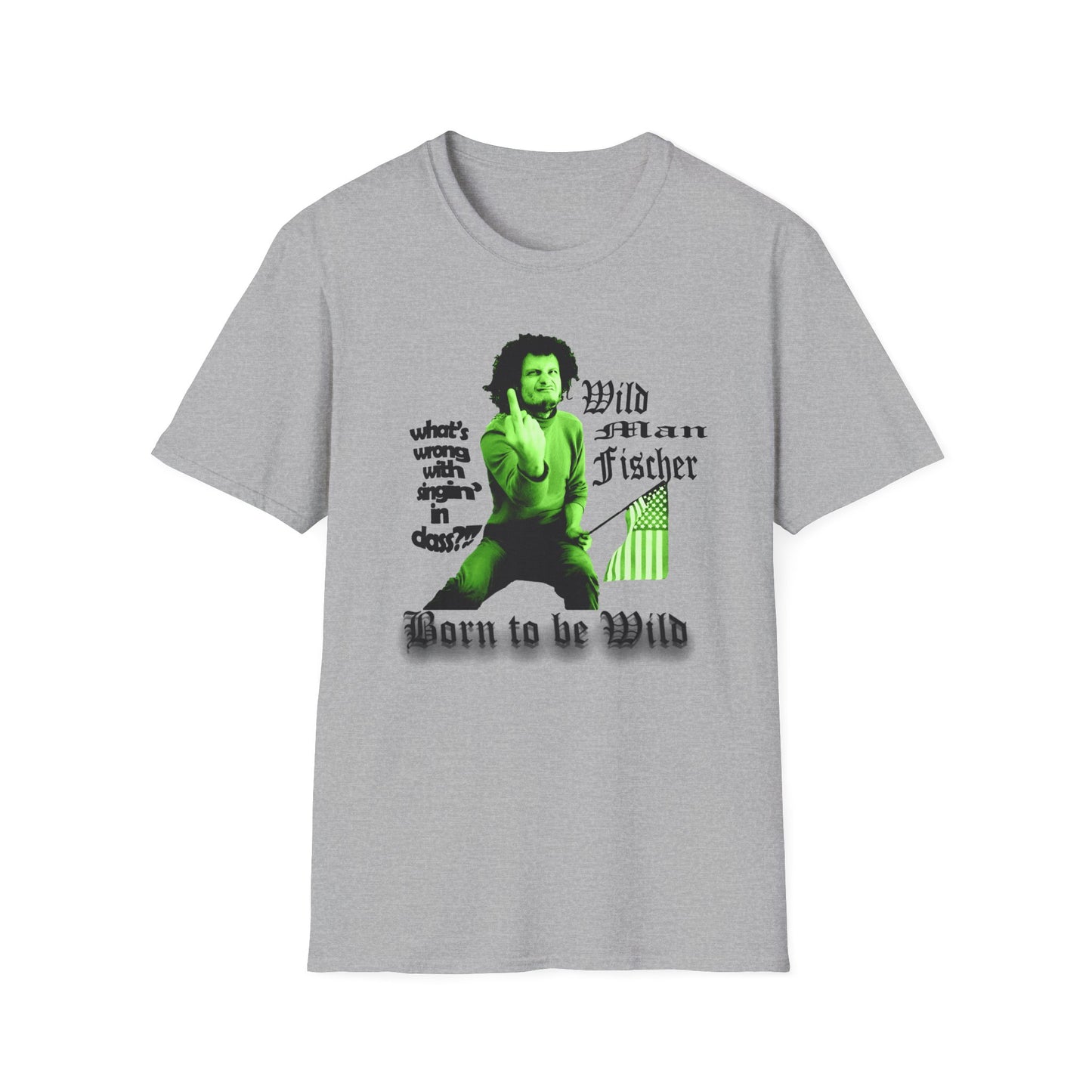 wild man fischer middle finger in green tshirt