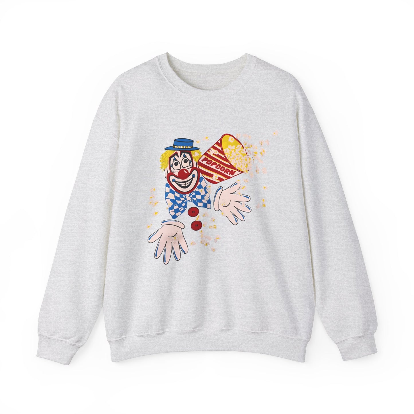 vintage 1980s popcorn clown graphic on a unisex heavy blend crewneck sweatshirt