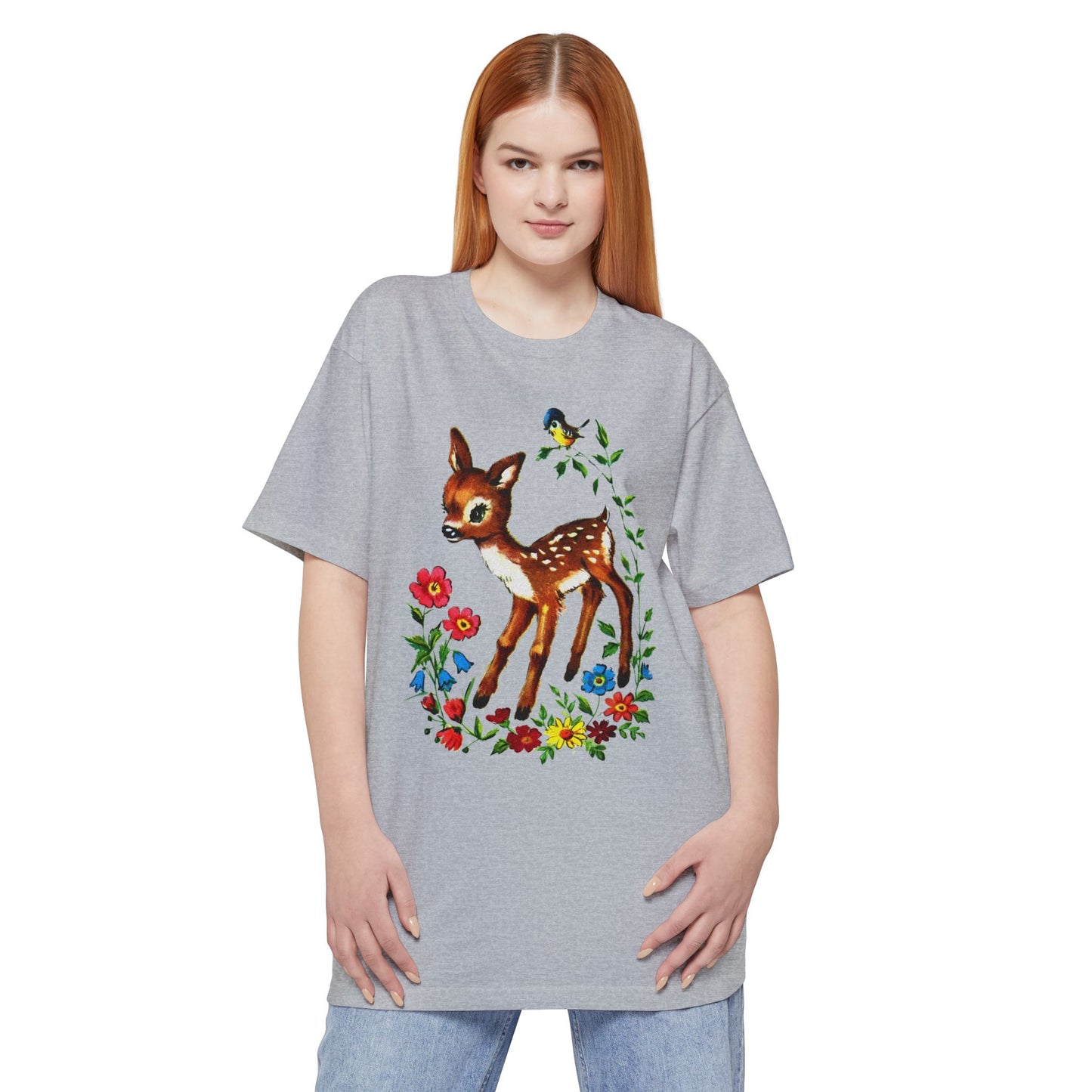 oversized 1960s cute baby deer postcard reproduction unisex tall beefy tshirt