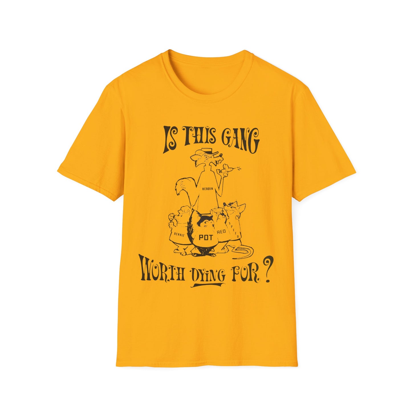 1960s/70s anti-drug poster tshirt "is this gang worth dying for?" by smartset smarteen s.o.s tshirt