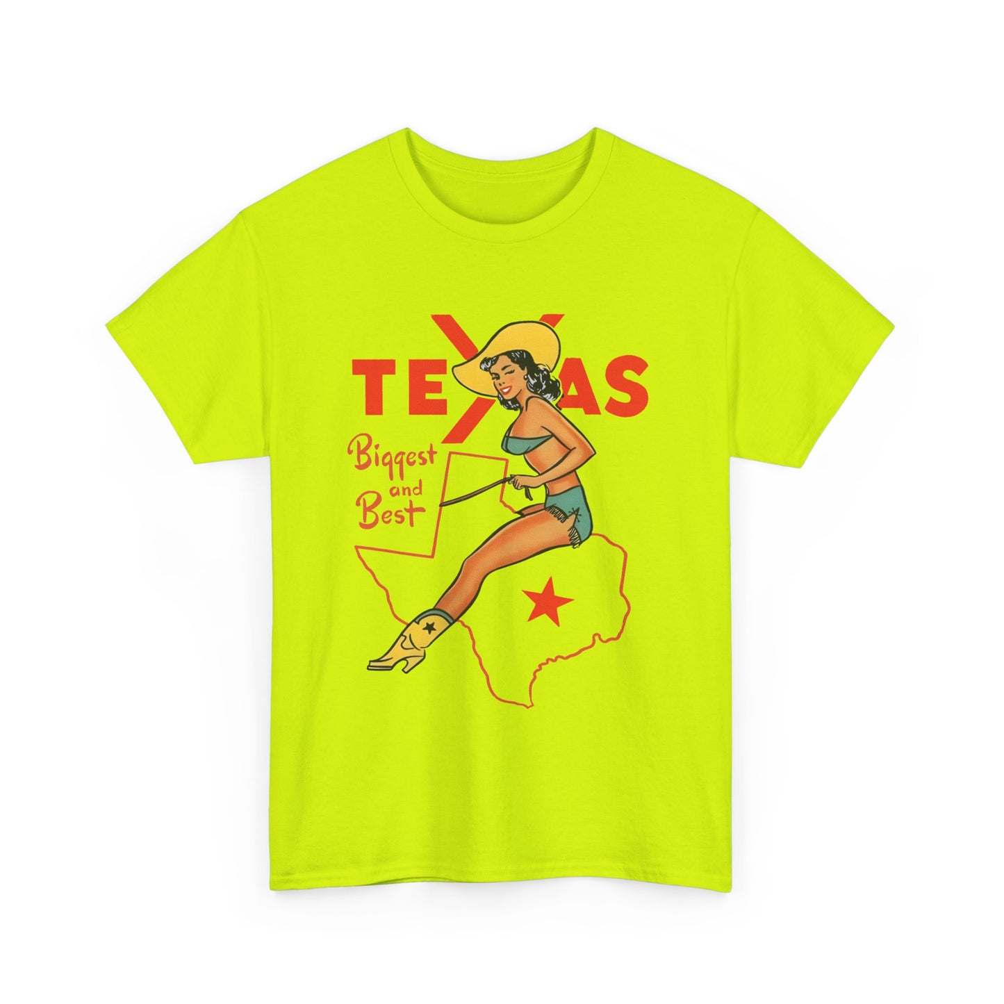 mid twentieth century texas biggest and best cowgirl pin up art reproduction tshirt