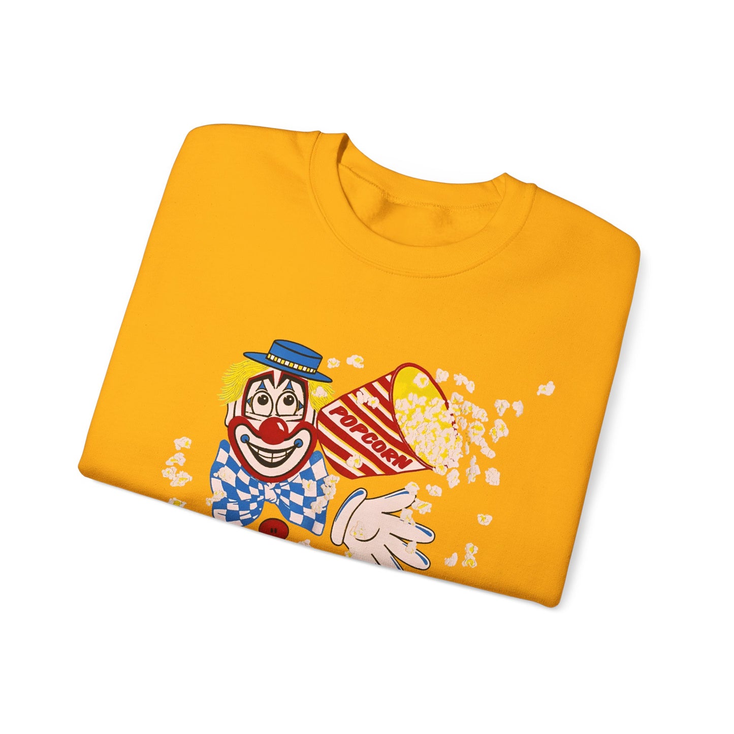 vintage 1980s popcorn clown graphic on a unisex heavy blend crewneck sweatshirt