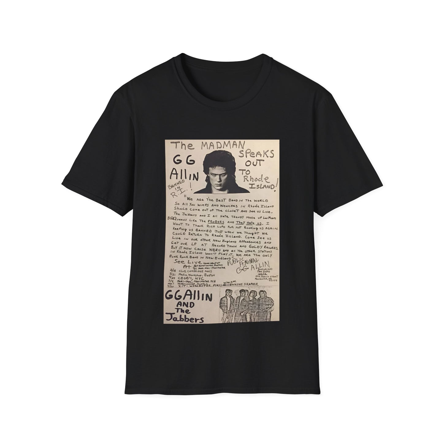 1982 show poster tshirt gg allin and the jabbers
