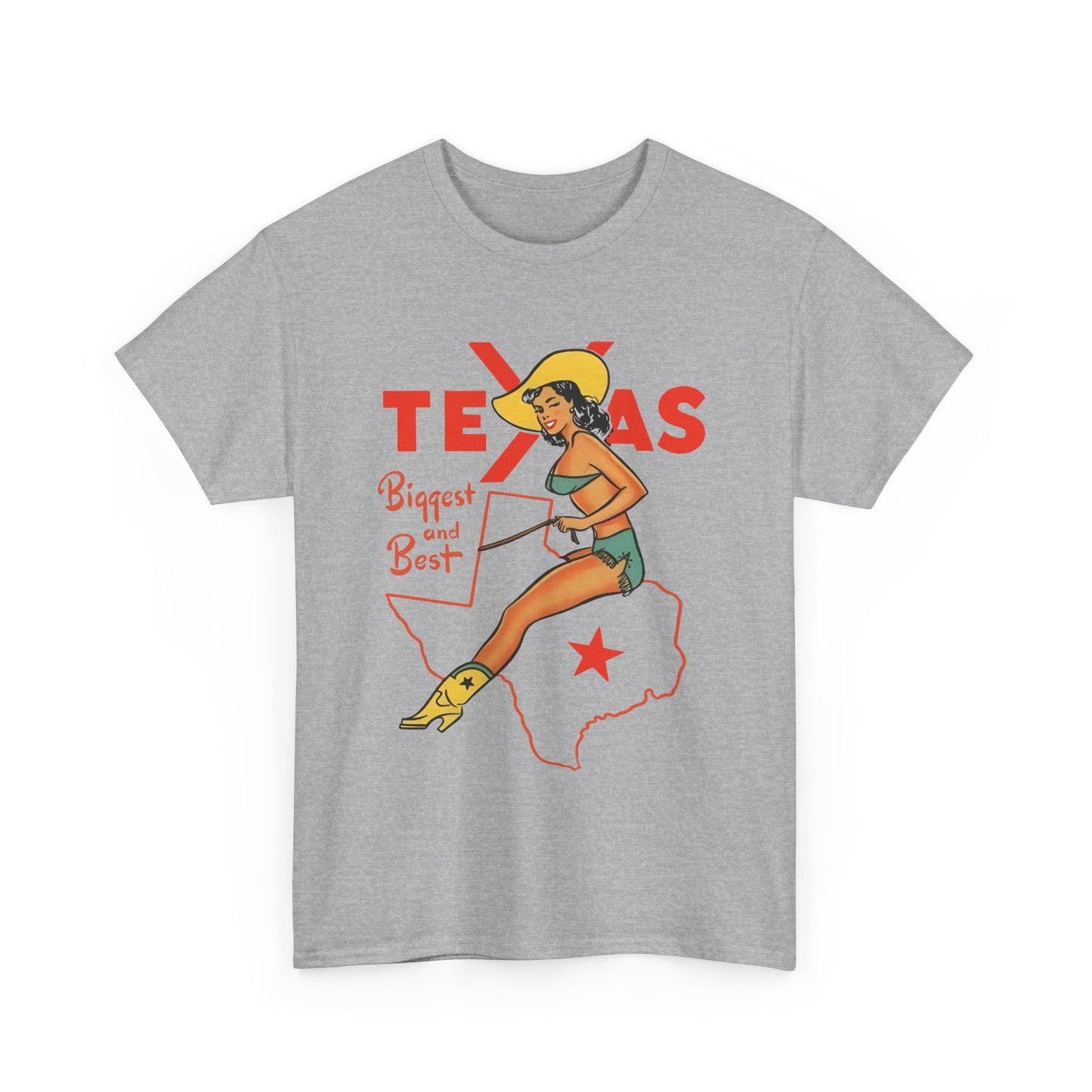 mid twentieth century texas biggest and best cowgirl pin up art reproduction tshirt