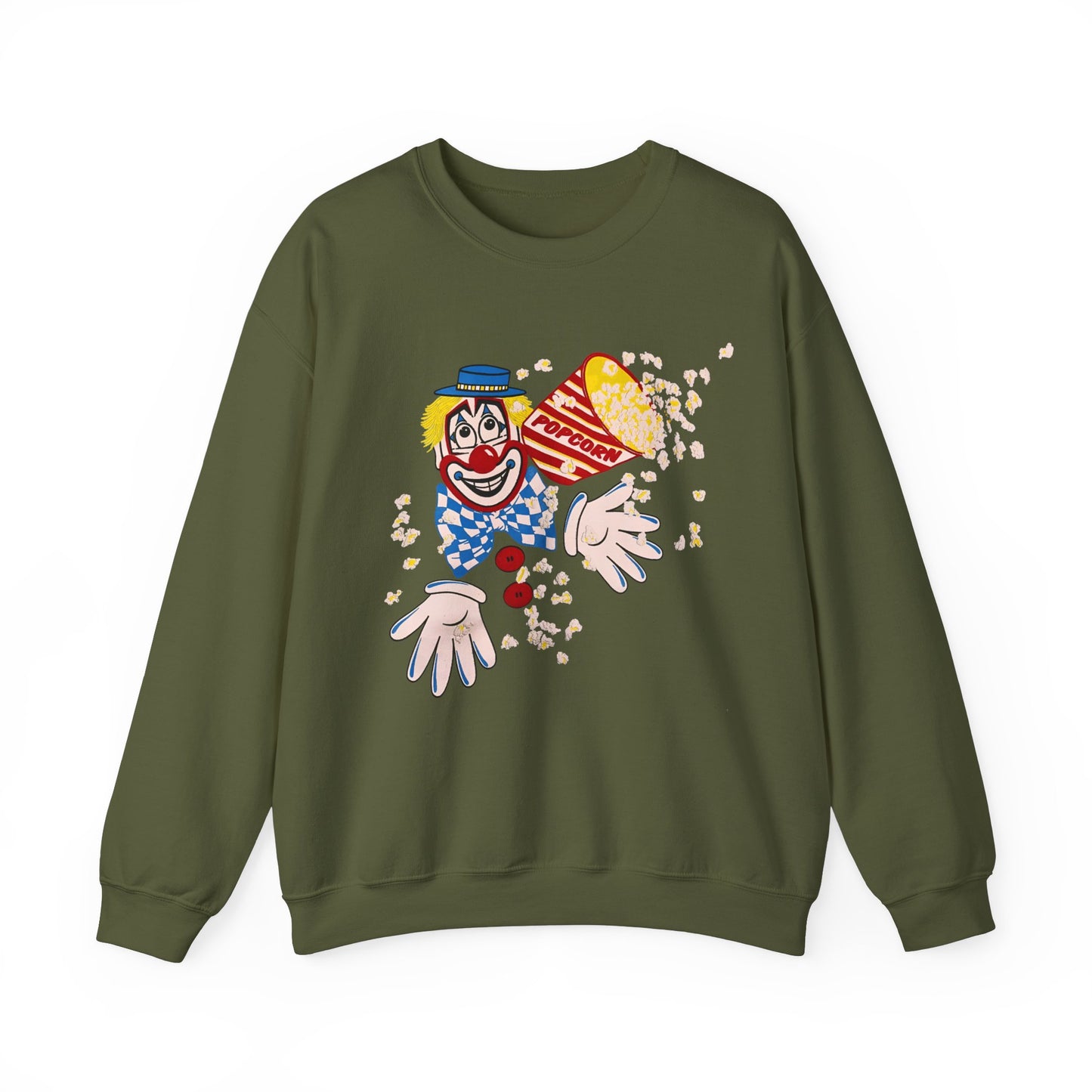 vintage 1980s popcorn clown graphic on a unisex heavy blend crewneck sweatshirt