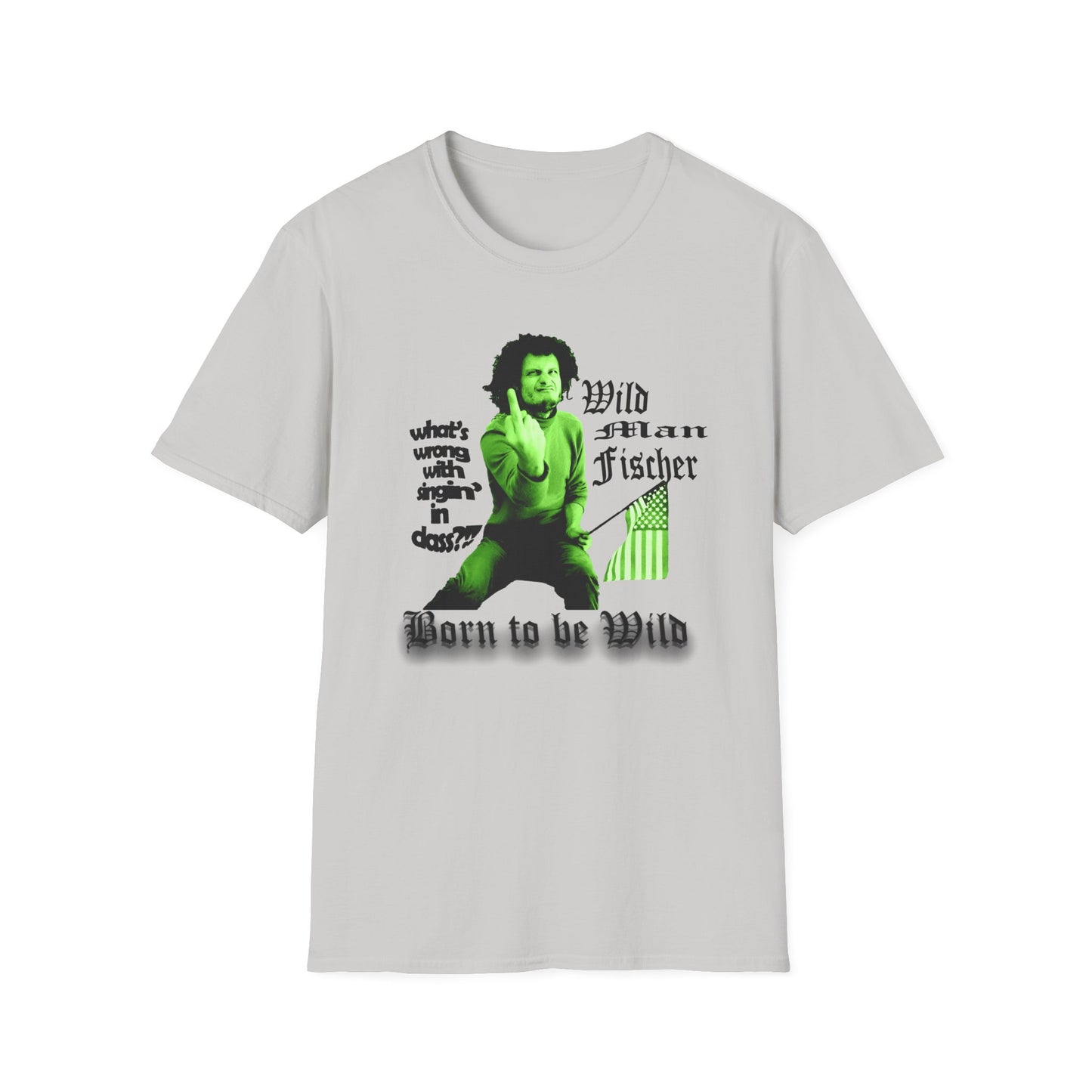 wild man fischer middle finger in green tshirt
