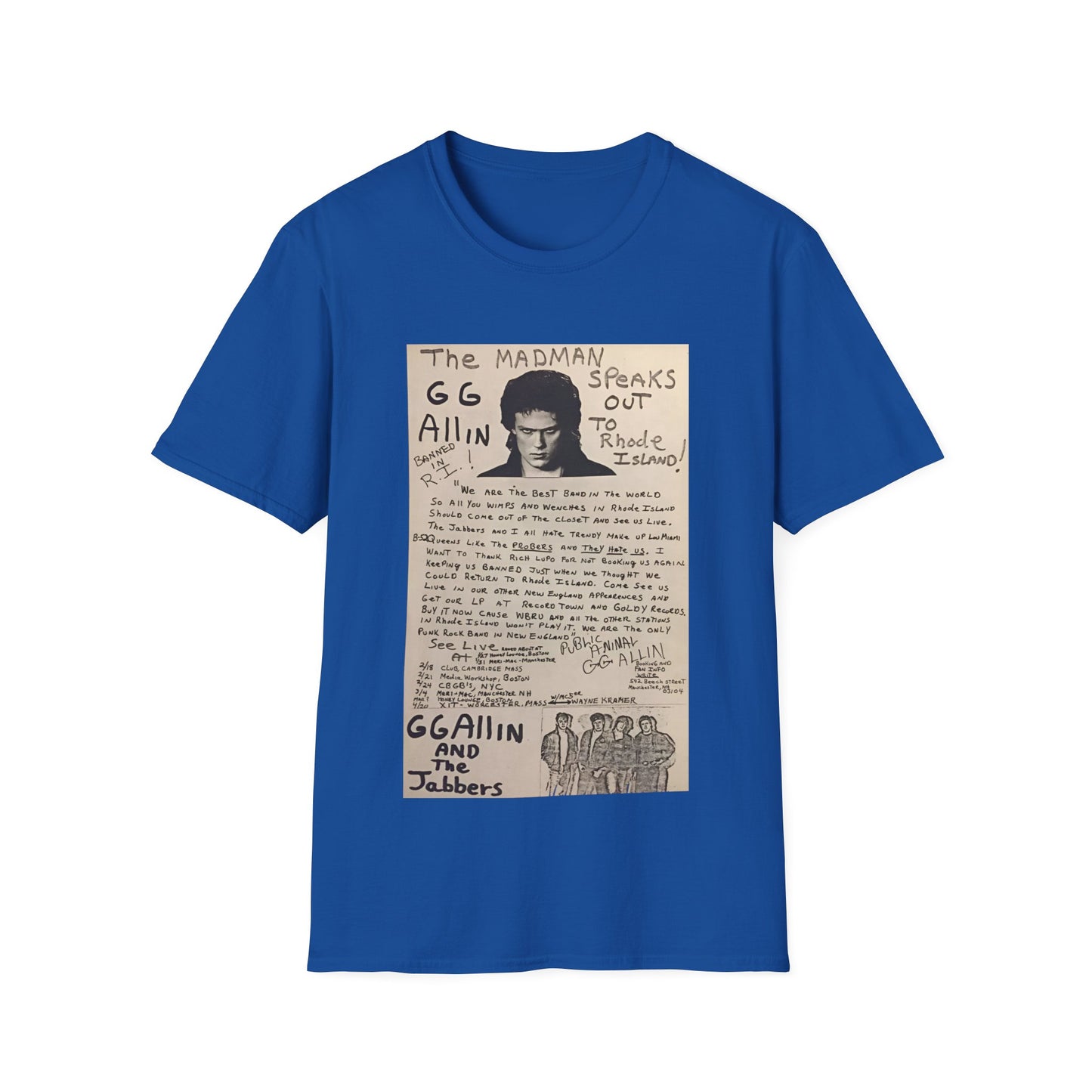 1982 show poster tshirt gg allin and the jabbers