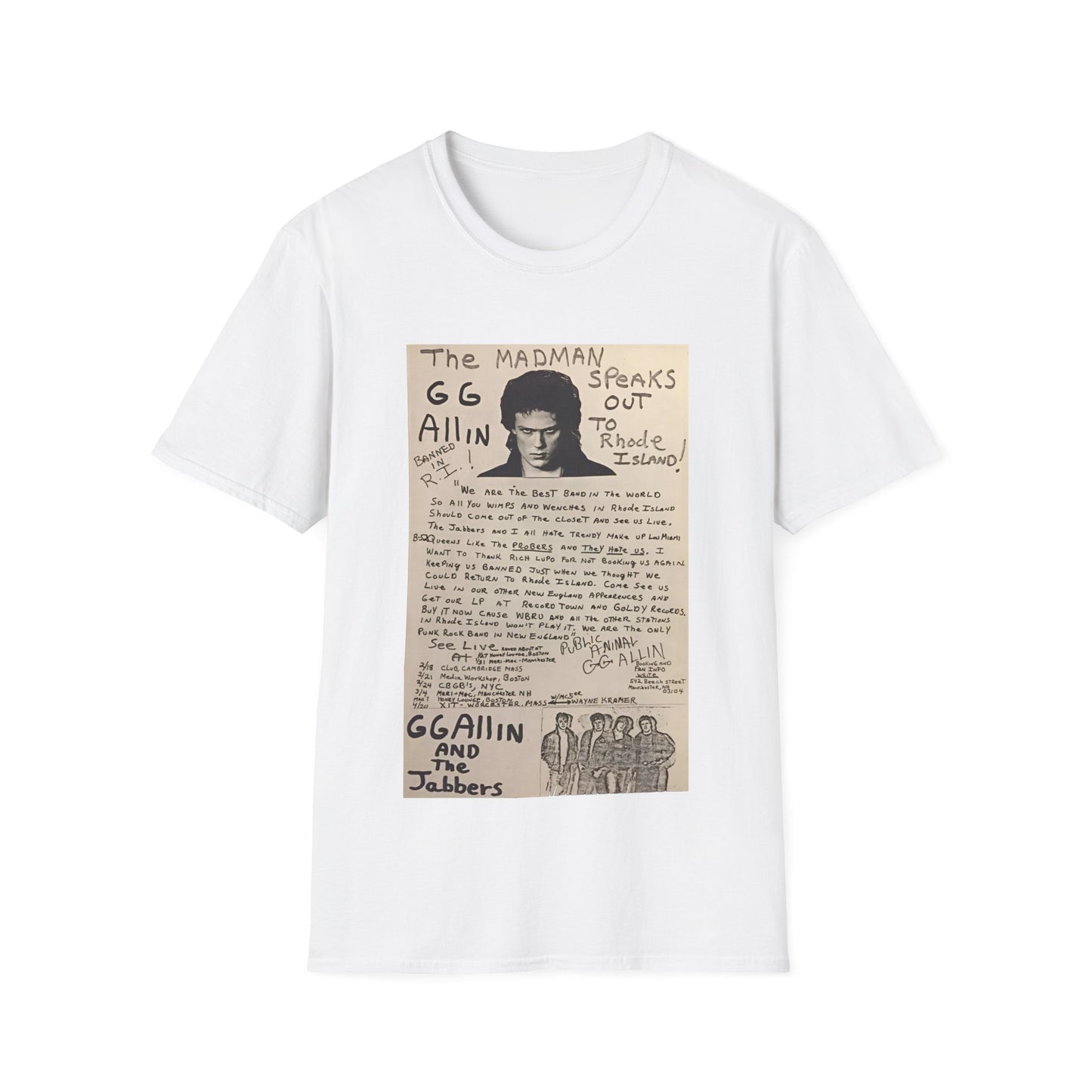1982 show poster tshirt gg allin and the jabbers