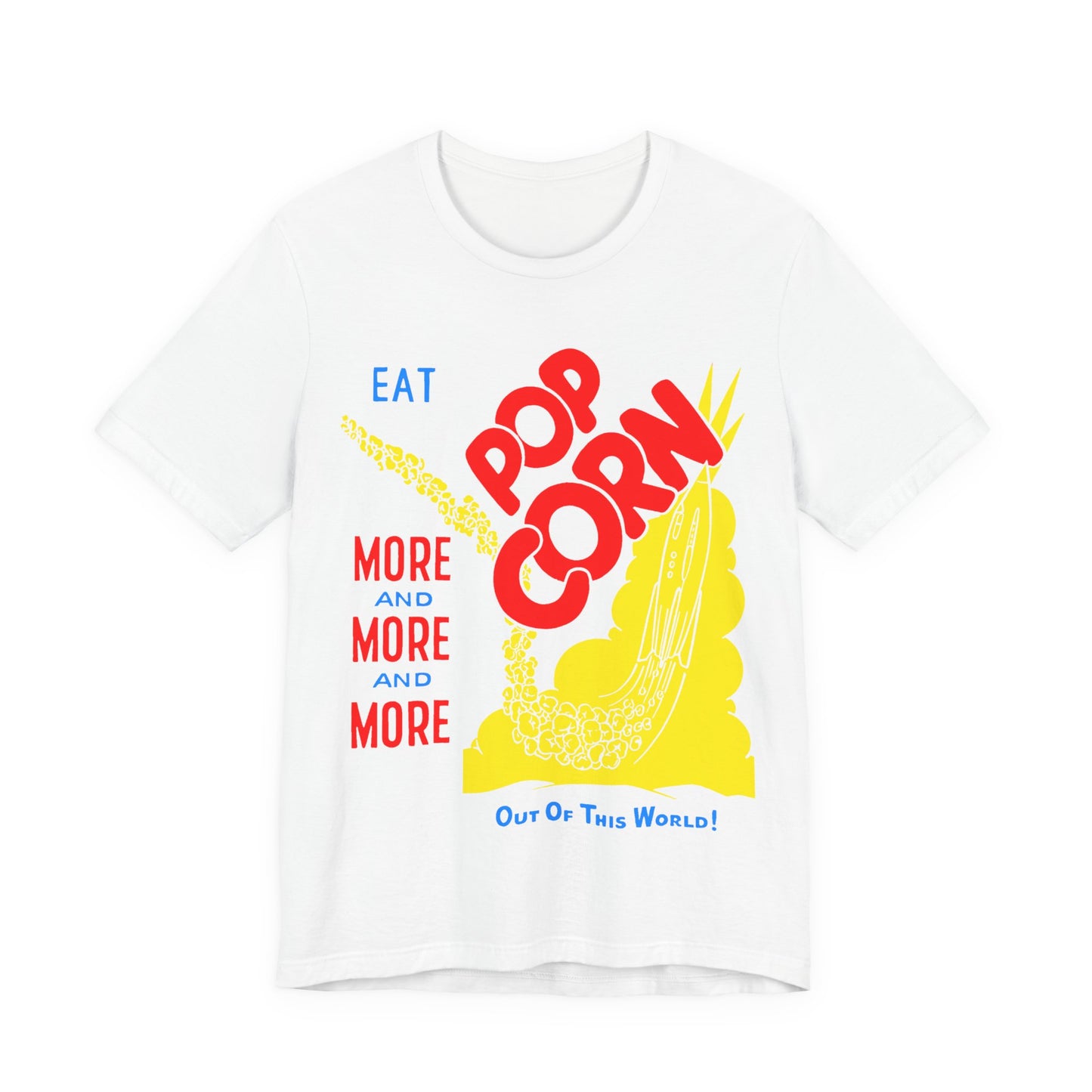 1950s coloured popcorn box logo "eat popcorn more and more and more out of this world!" on a new unisex softstyle tshirt
