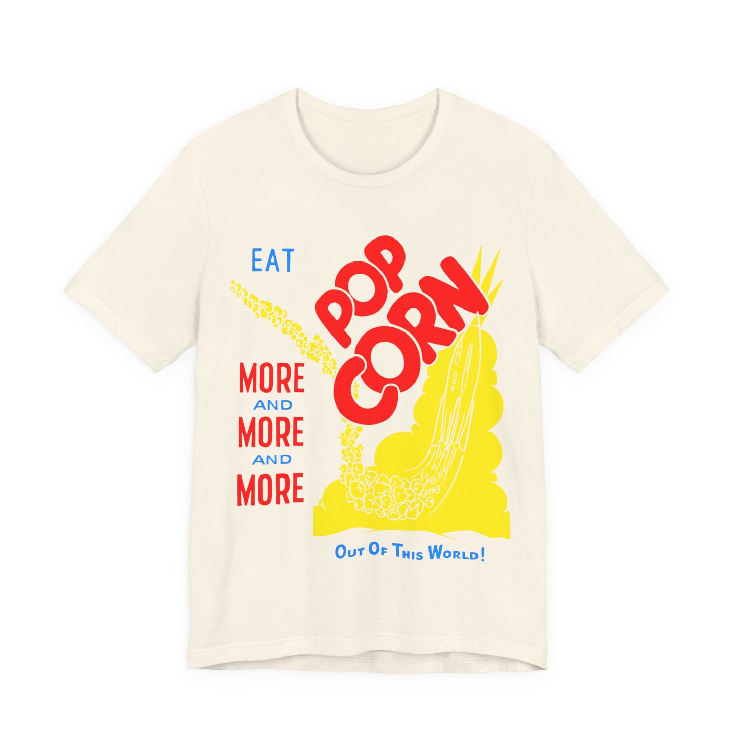 1950s coloured popcorn box logo "eat popcorn more and more and more out of this world!" on a new unisex softstyle tshirt