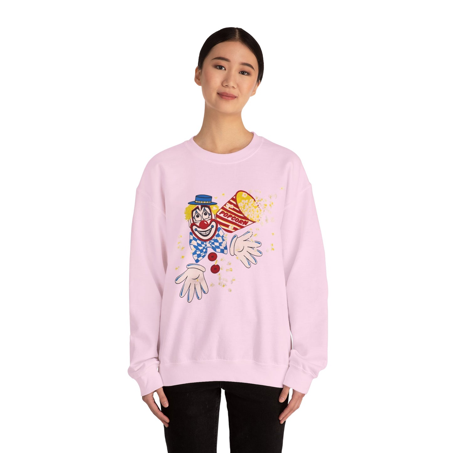 vintage 1980s popcorn clown graphic on a unisex heavy blend crewneck sweatshirt