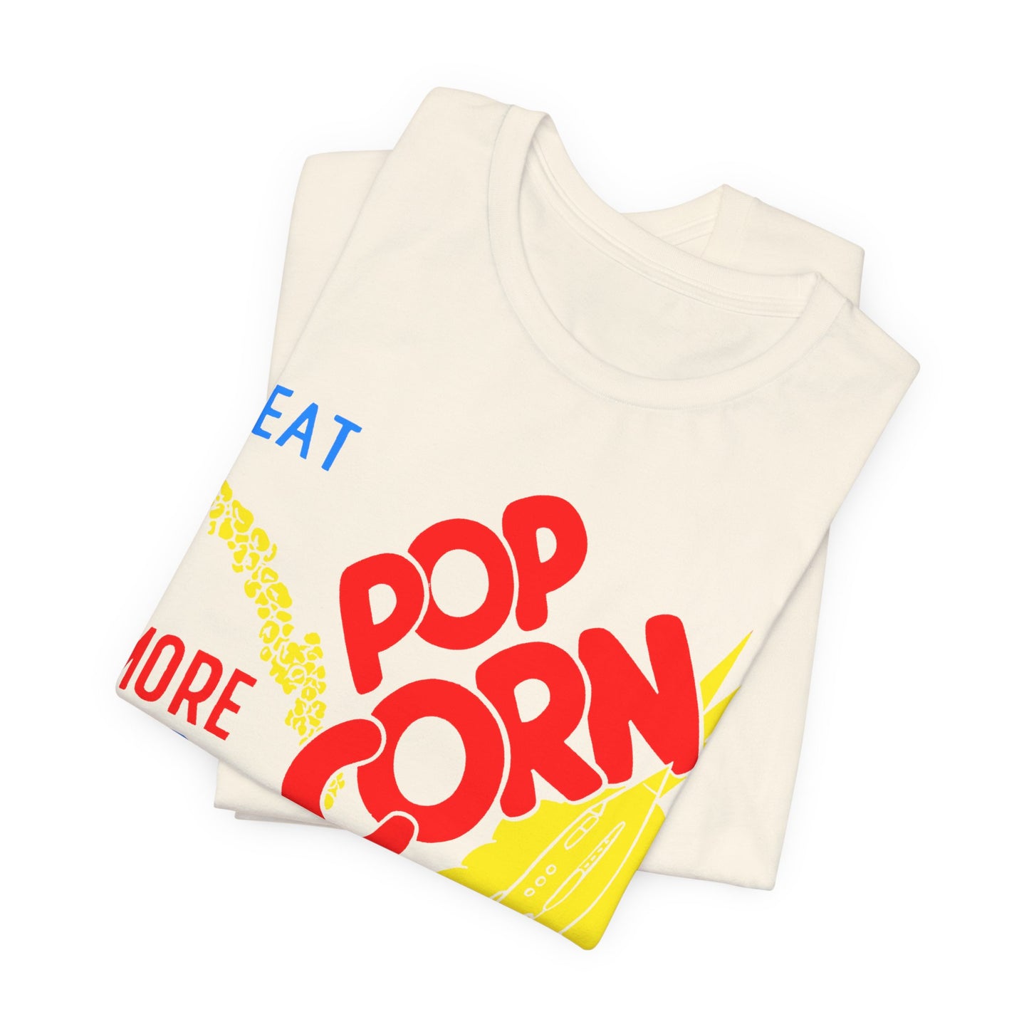 1950s coloured popcorn box logo "eat popcorn more and more and more out of this world!" on a new unisex softstyle tshirt