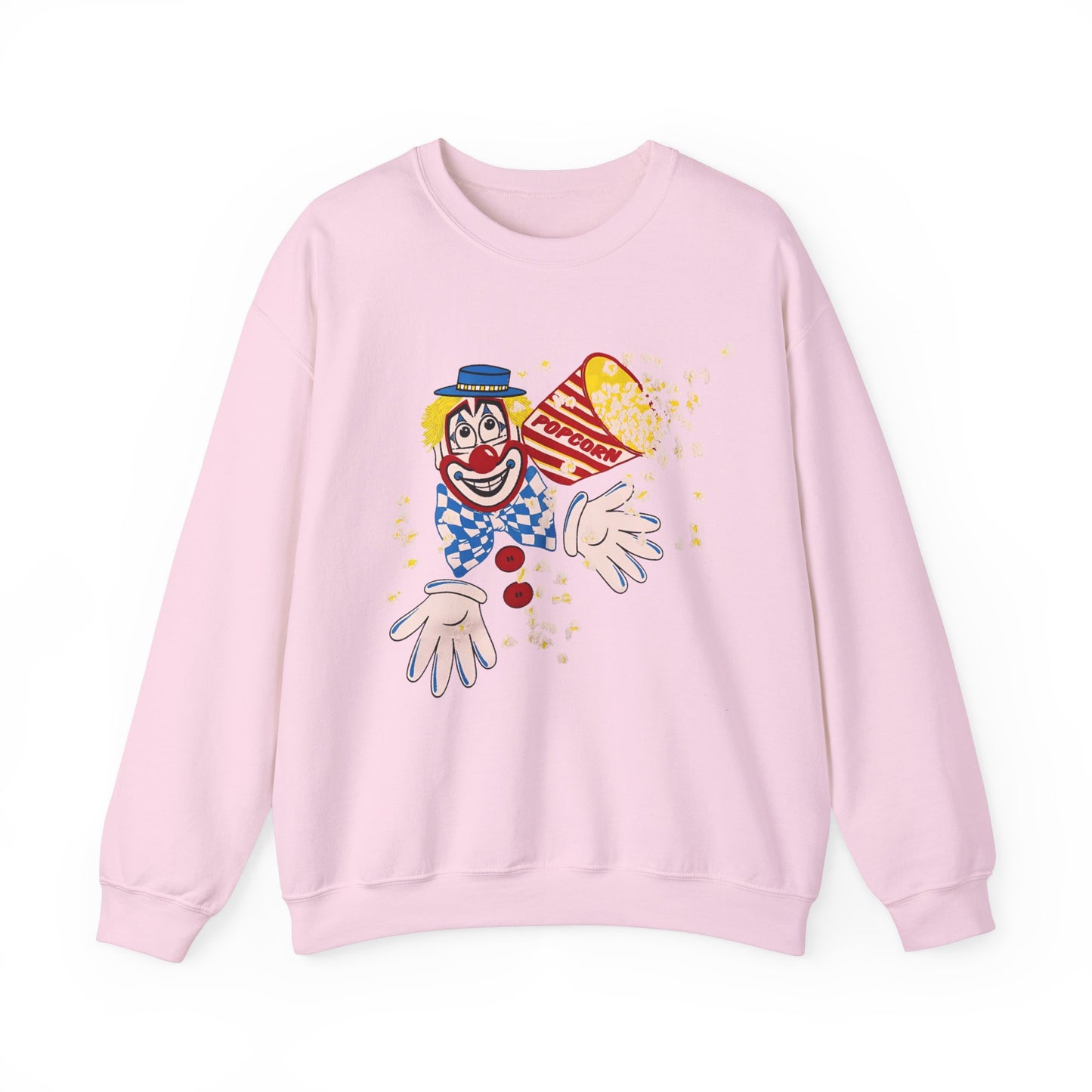 vintage 1980s popcorn clown graphic on a unisex heavy blend crewneck sweatshirt