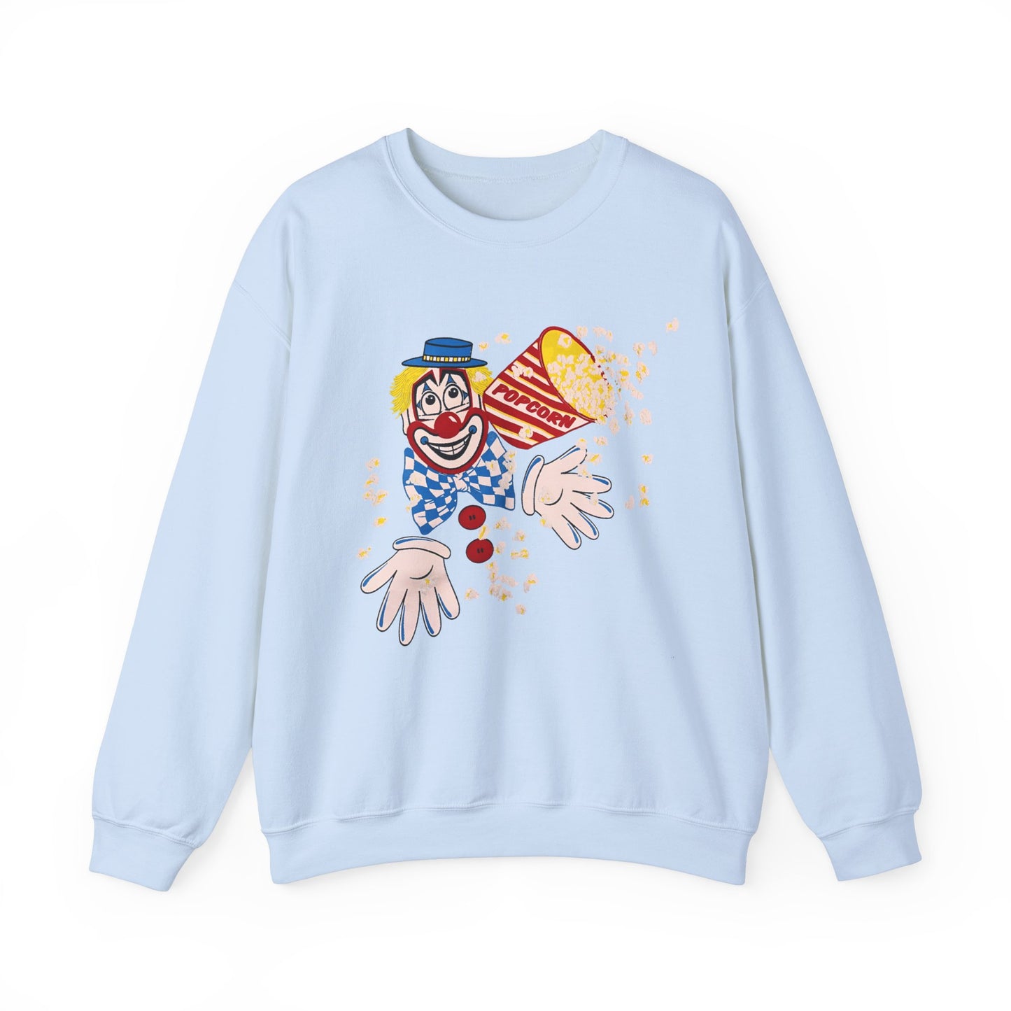 vintage 1980s popcorn clown graphic on a unisex heavy blend crewneck sweatshirt