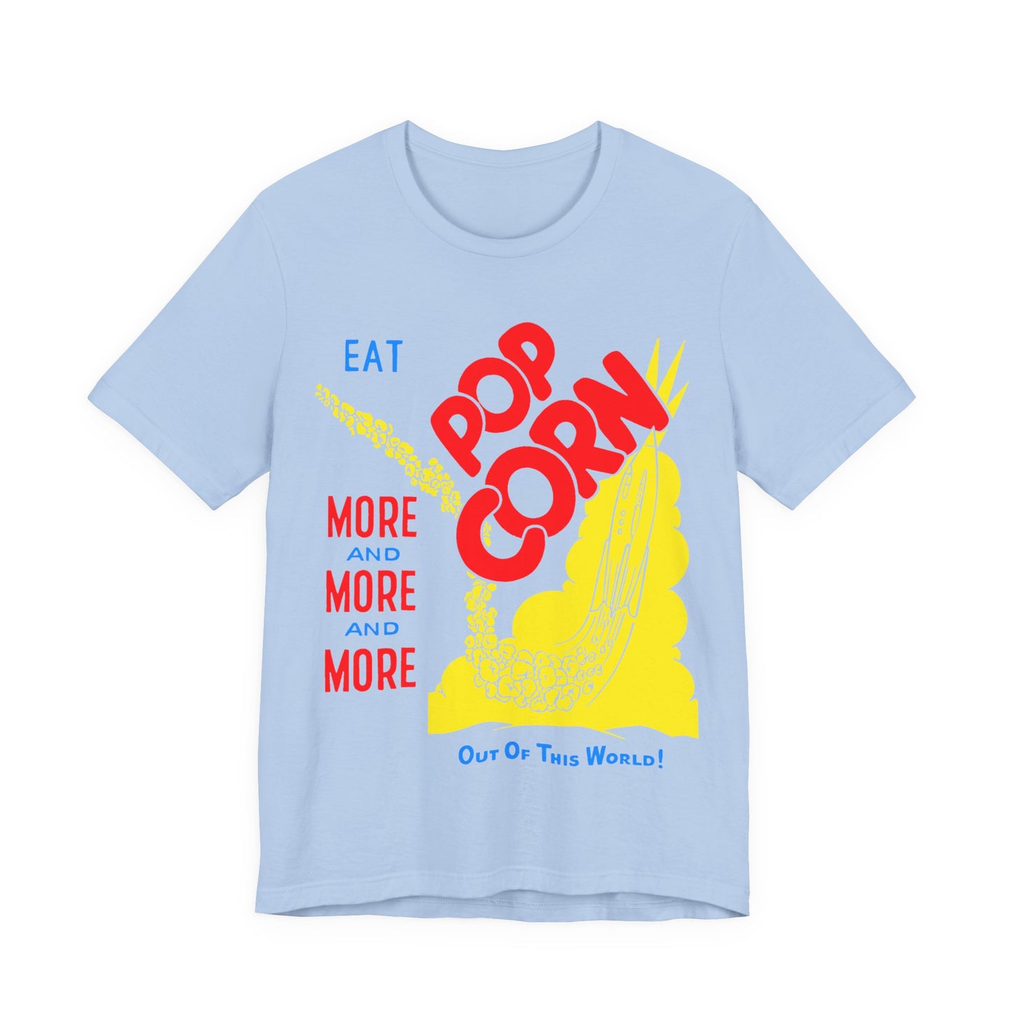 1950s coloured popcorn box logo "eat popcorn more and more and more out of this world!" on a new unisex softstyle tshirt