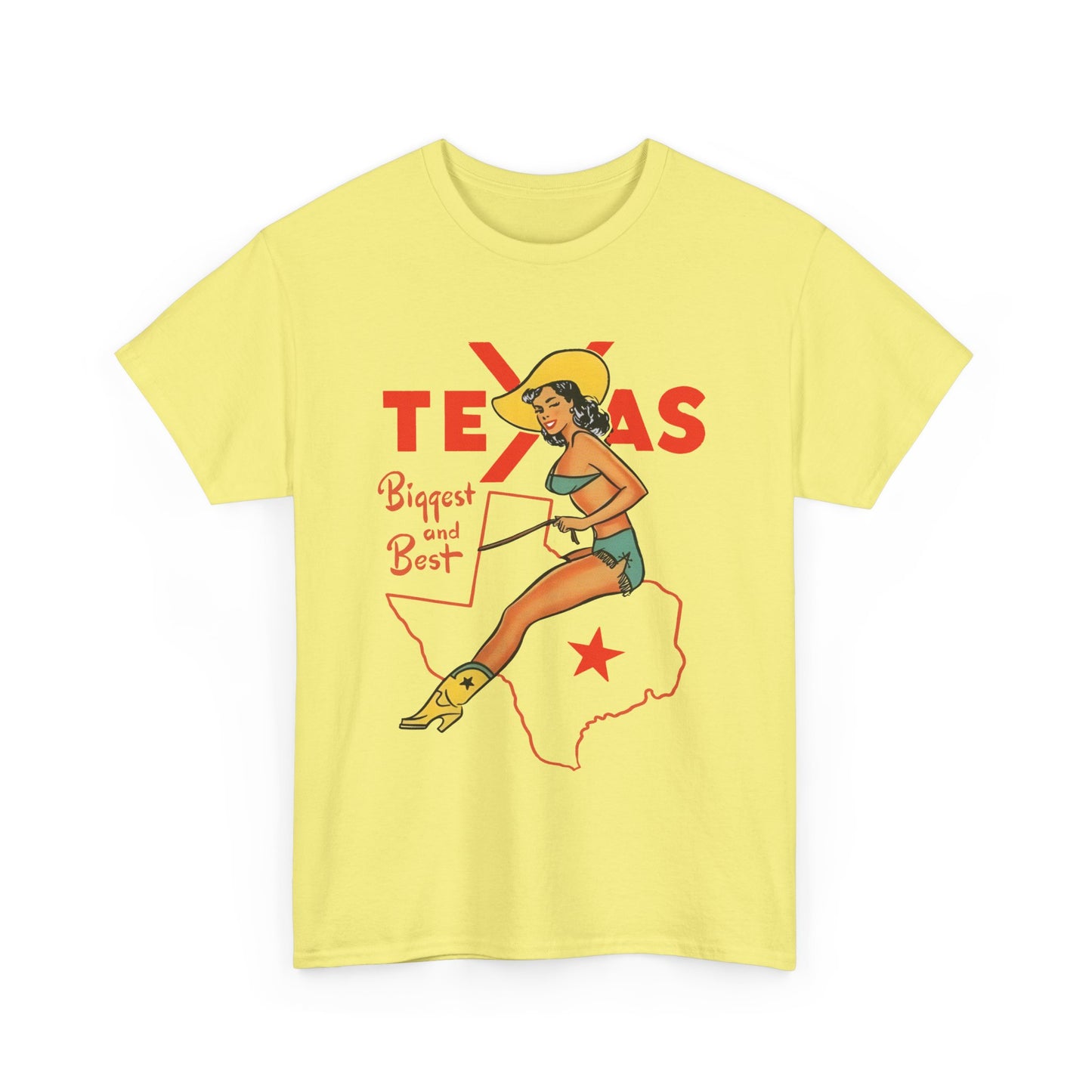 mid twentieth century texas biggest and best cowgirl pin up art reproduction tshirt