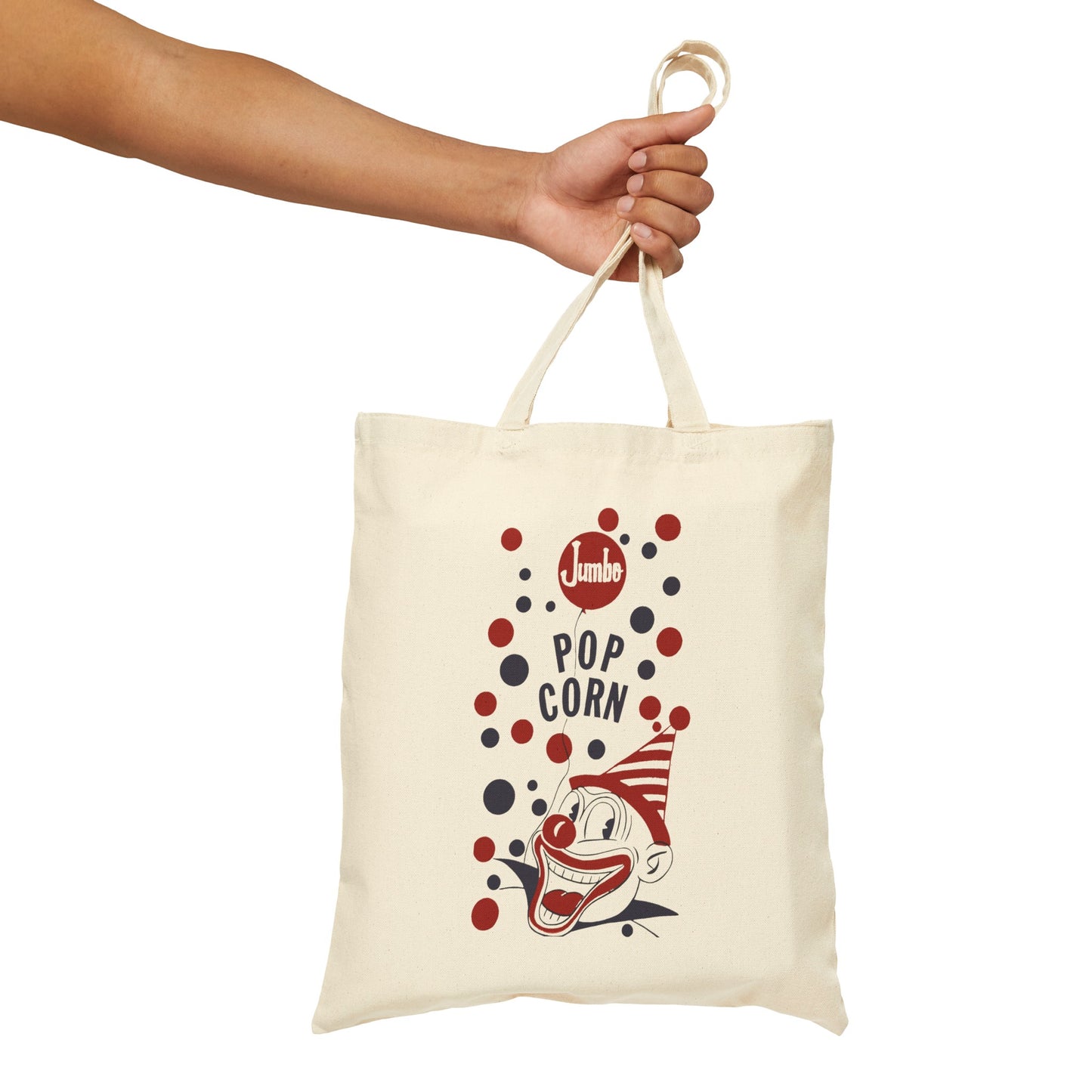 1960s popcorn box logo with a weird popcorn mascot clown on a cotton canvas tote bag whatmart