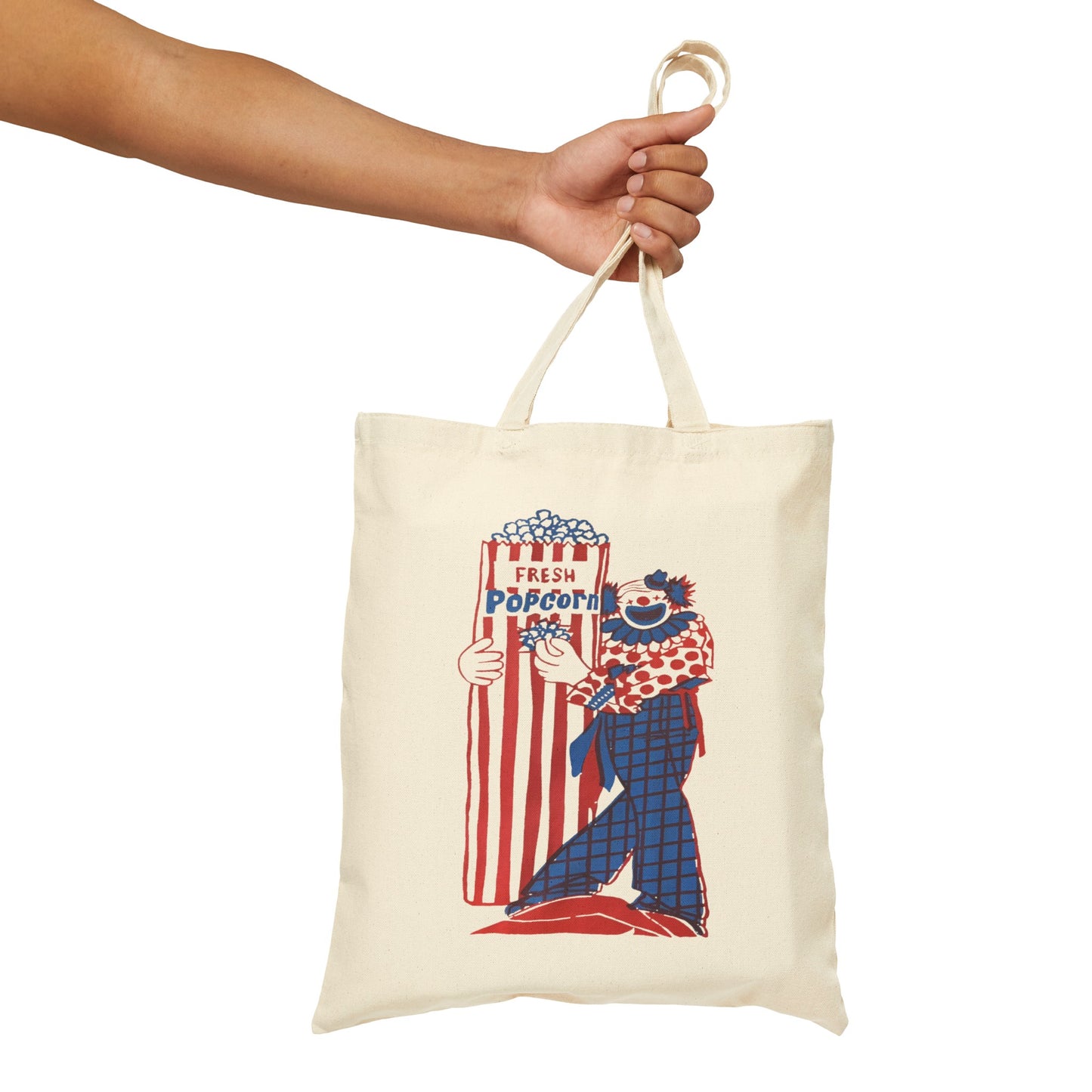 1960s popcorn box logo with clown mascot on a new cotton canvas tote bag whatmart