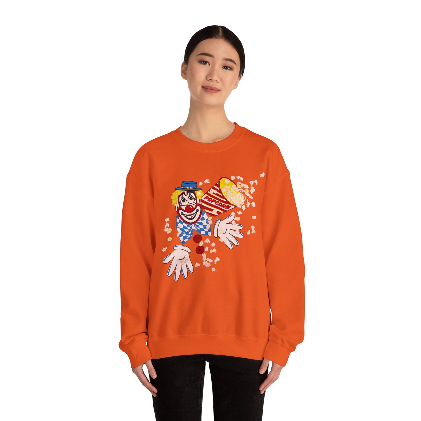 vintage 1980s popcorn clown graphic on a unisex heavy blend crewneck sweatshirt