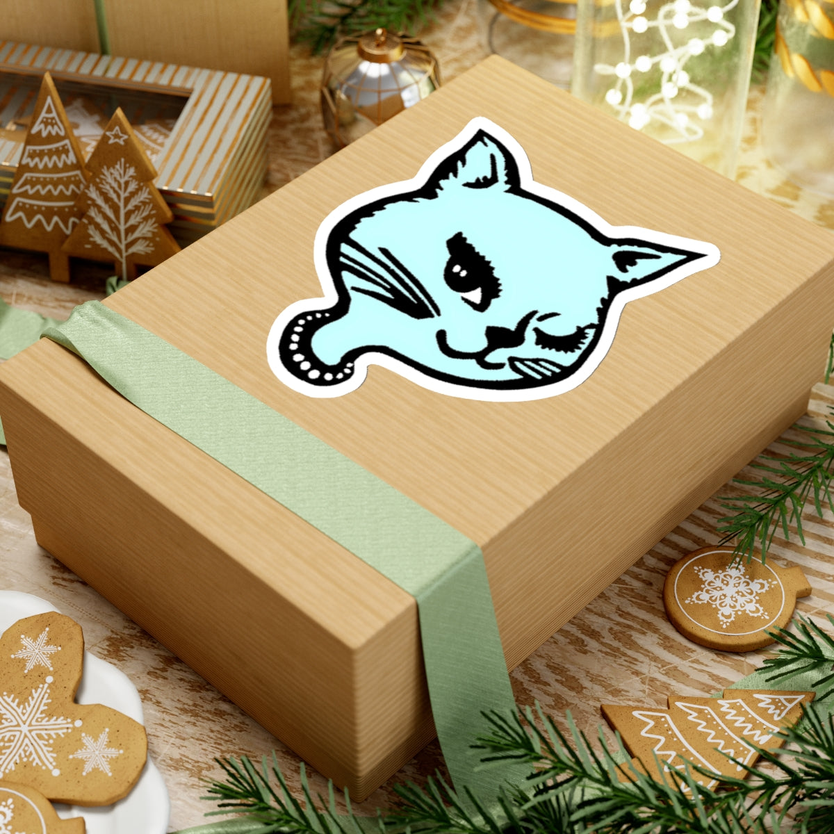 1990s winking cat matte version (no sparkles) aqua kiss-cut sticker whatmart